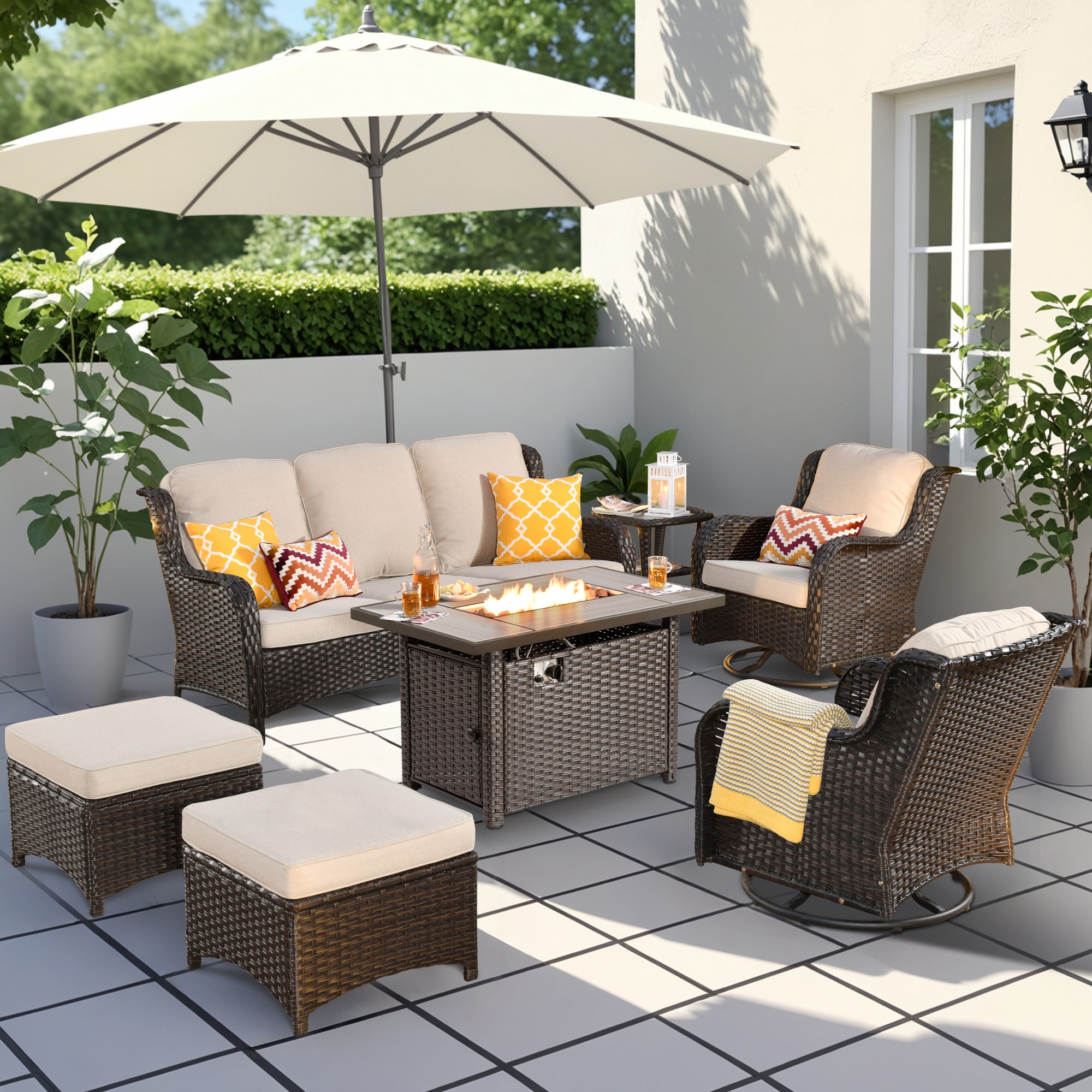 Pouuin SRFPYZNTC607 7 -Piece Wicker Patio Sofa Conversation Set with Beige Cushions