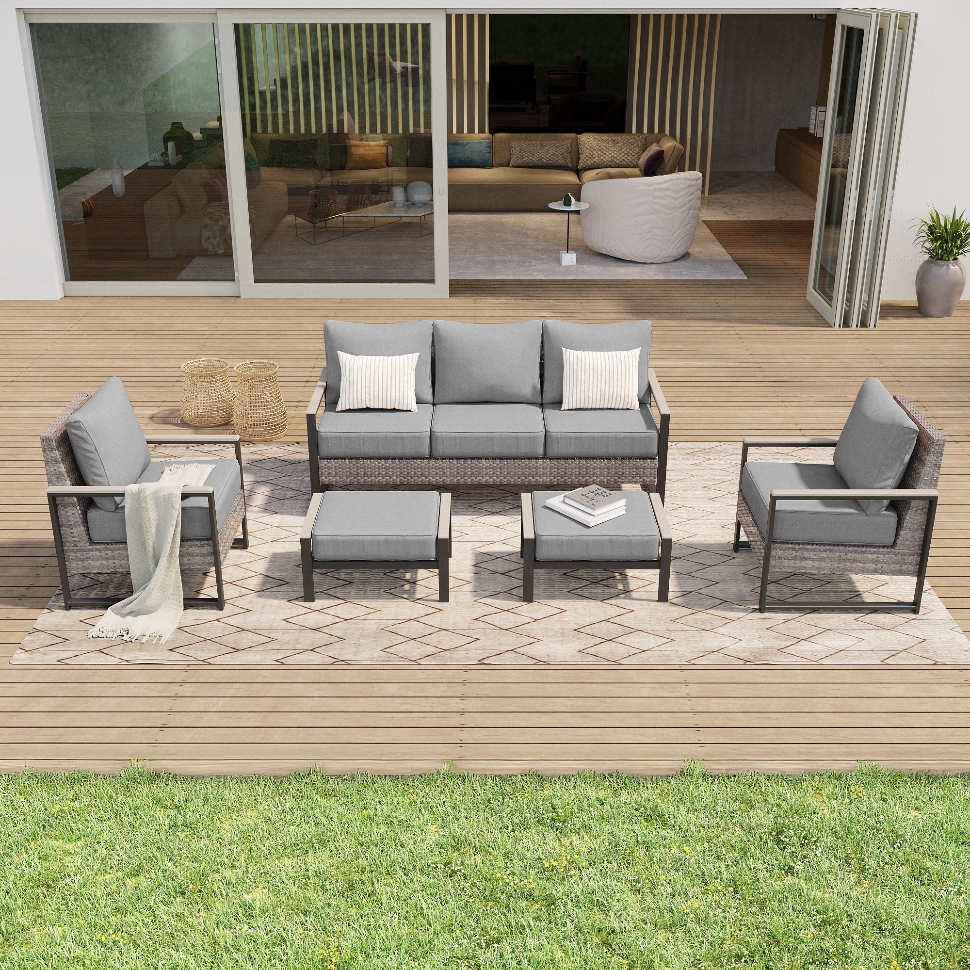 ACEGOSES LW-148HGY Skytop 5 -Piece Wicker Patio Sofa Conversation Set with Gray Cushions