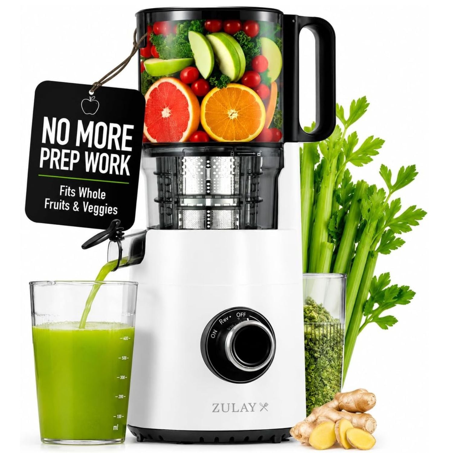 Zulay Kitchen X004L93UXL Cold Press Juicer Machine with 5 Inch Wide Feed Chute Slow Masticating Juicer for Whole Fruits and Vegetables High Juice Yield Easy to Clean Stainless Steel Blades