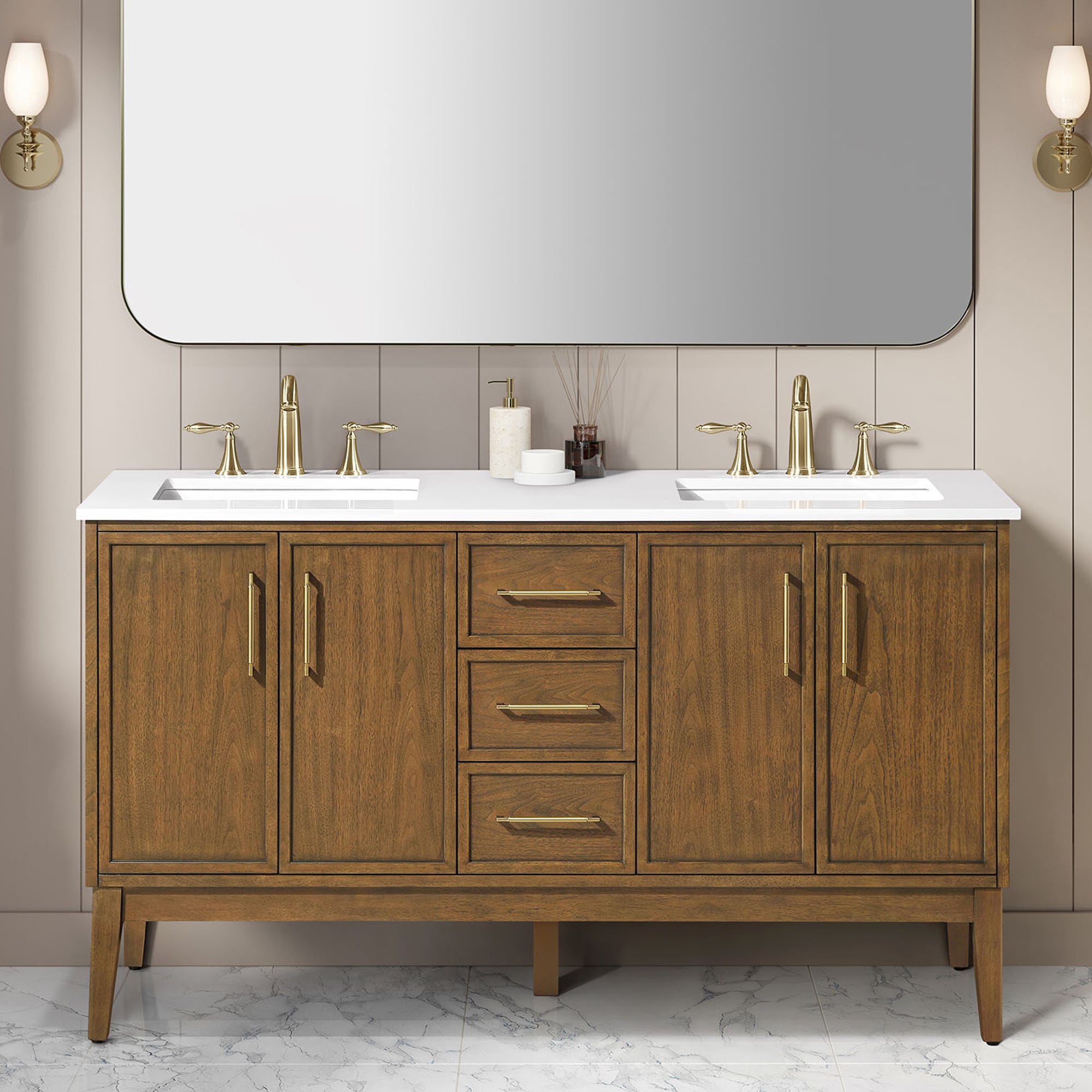 OVE Decors 15VVA-KIRA60-181 Kira 60-in Warm Walnut Undermount Double Sink Bathroom Vanity with White Engineered Marble Top