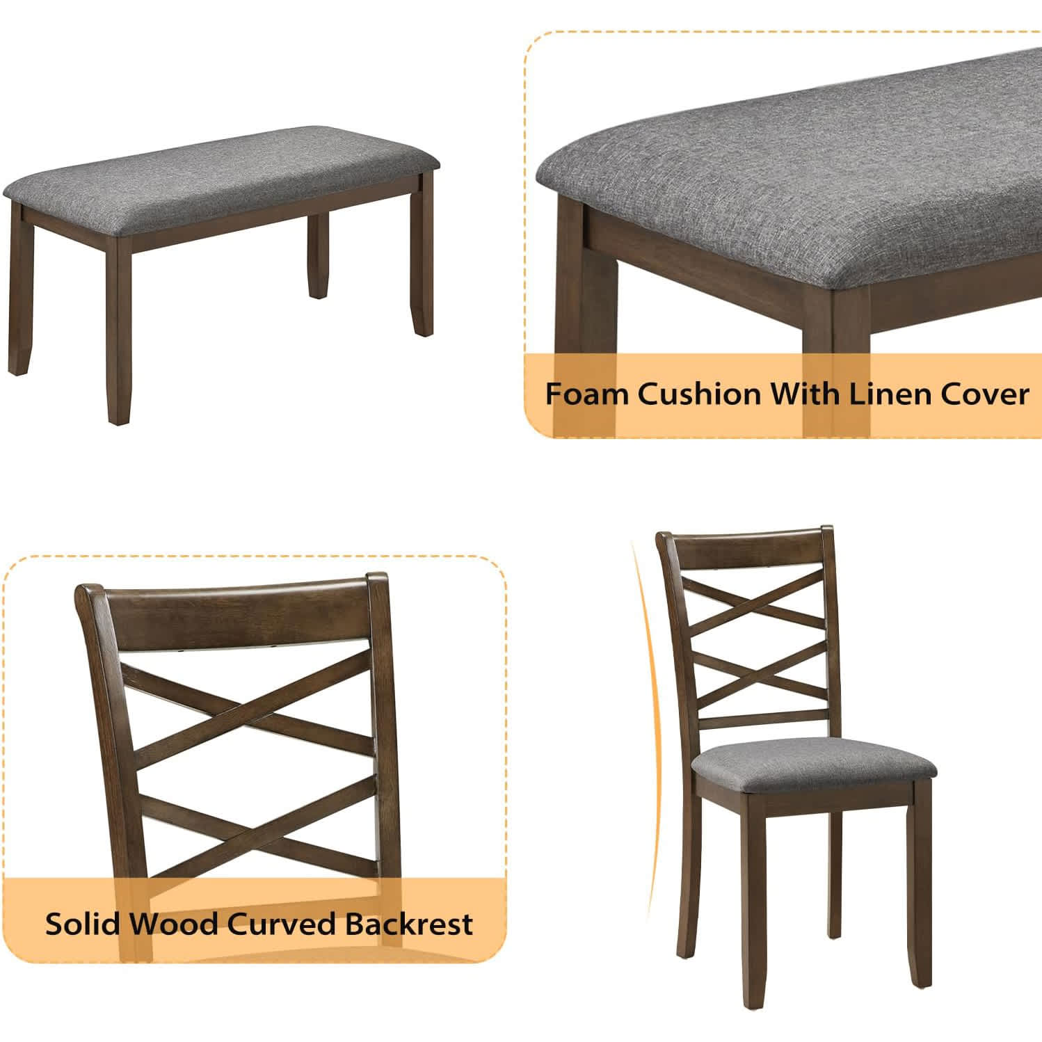 Zevemomo 6 Piece Solid Wood Dining Table Set with 4 Upholstered Chairs ...