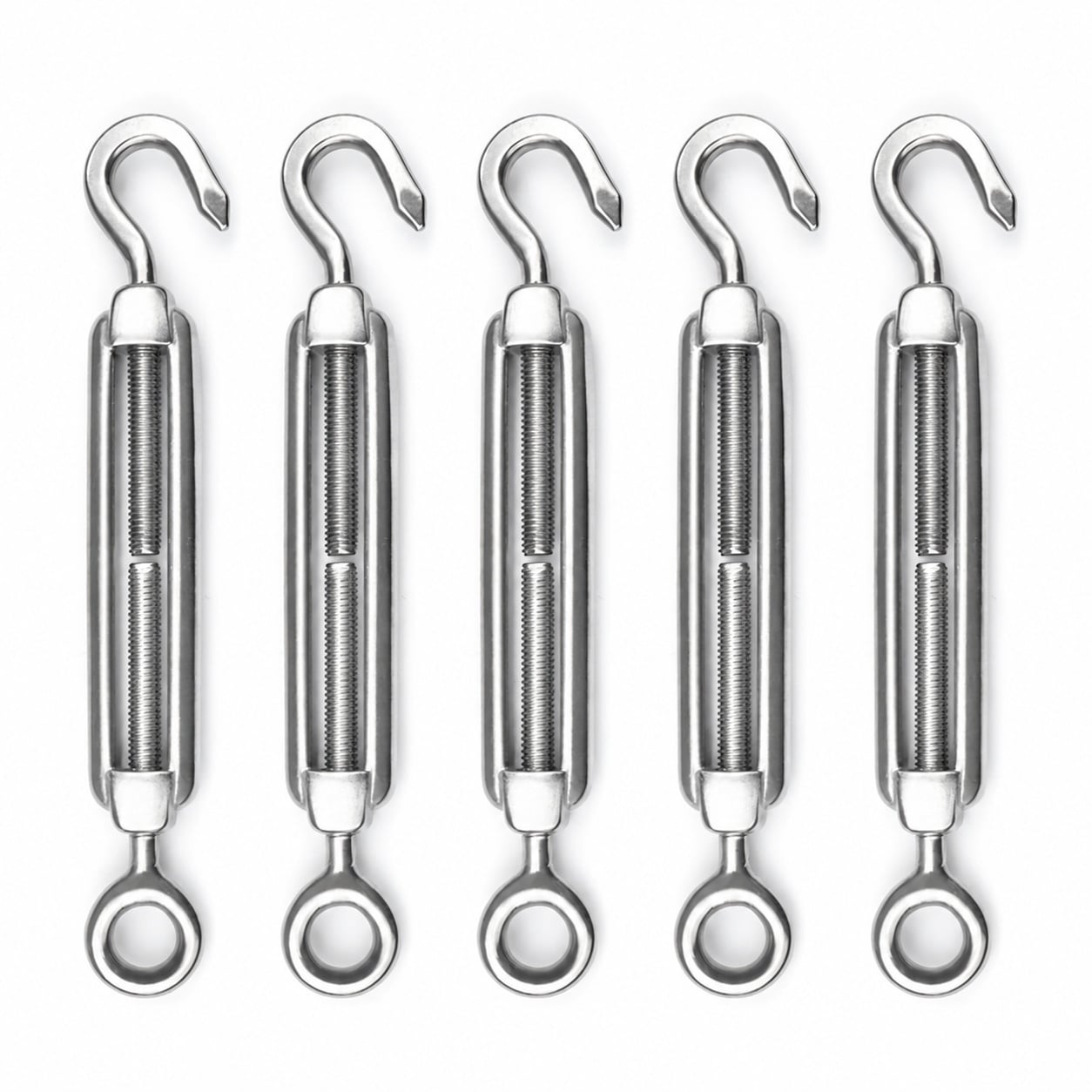 Phyfalip  5 Pack M4 Hook and Eye Turnbuckles Stainless Steel Cable Tensioner Adjustable Wire Rope Kit for String Light Picture Hanging and Plant