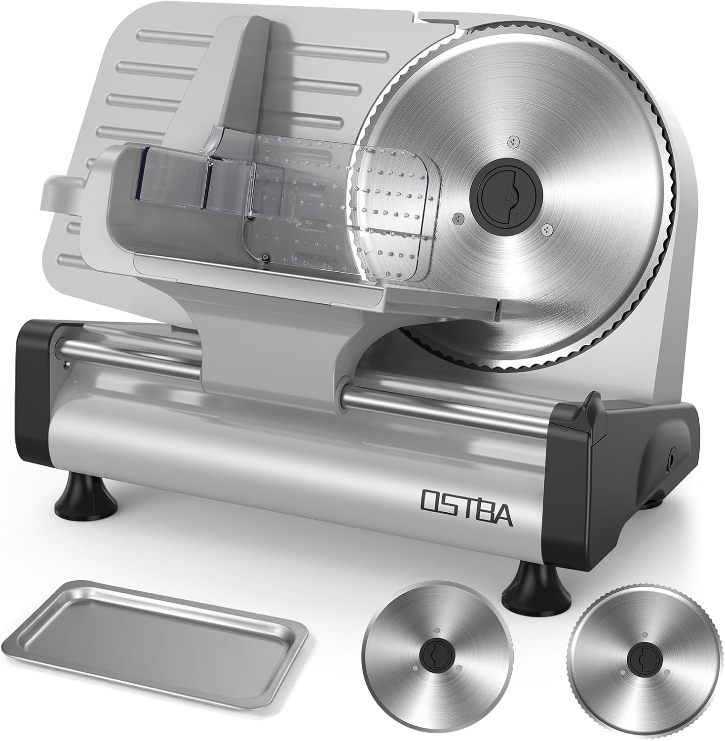 OSTBA SL5383D12C-200W Electric Meat Slicer with 200W DC Motor 2 Removable 8.7” Stainless Steel Blades Adjustable Thickness 0–15mm Food Tray and Hand Grip