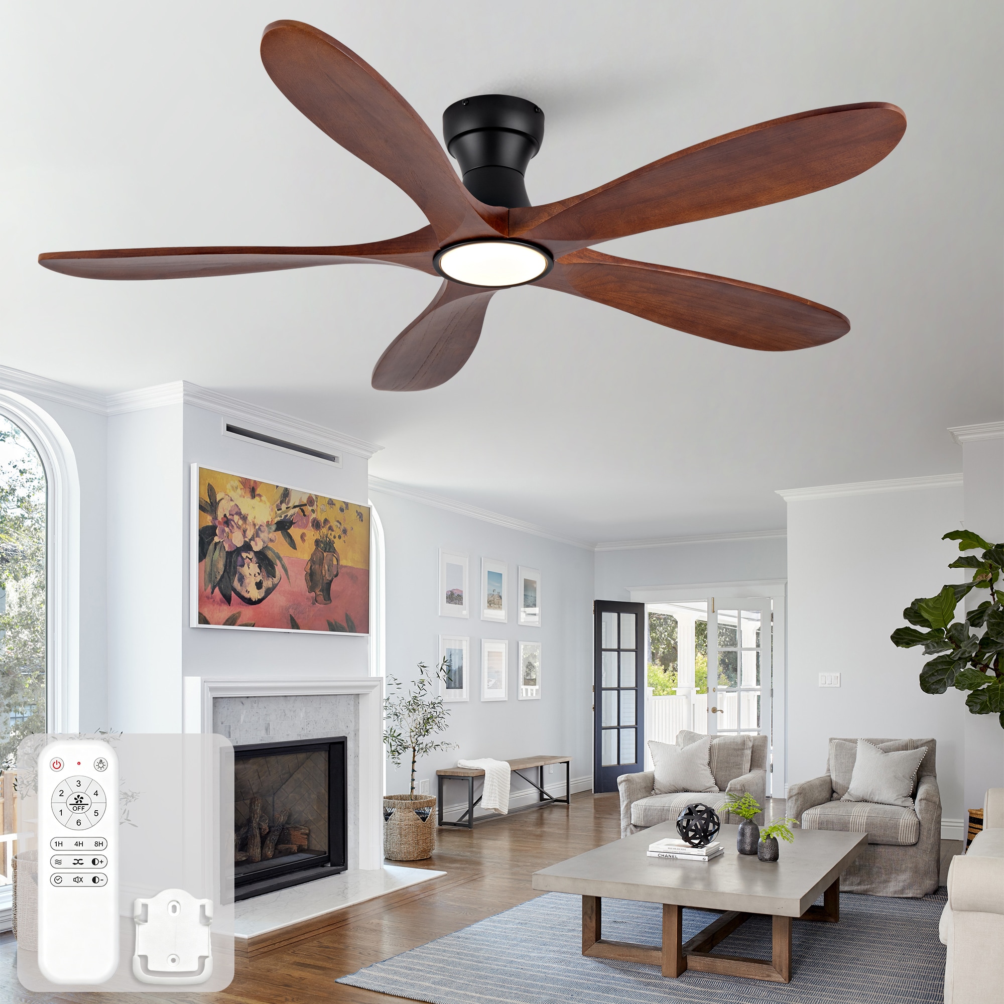 YOTOO 52 Inch Dark Walnut 5-Blade Flush Mount Ceiling Fan with Light 3 Color LED 6 Speeds Reversible Motor for Bedroom Living Room