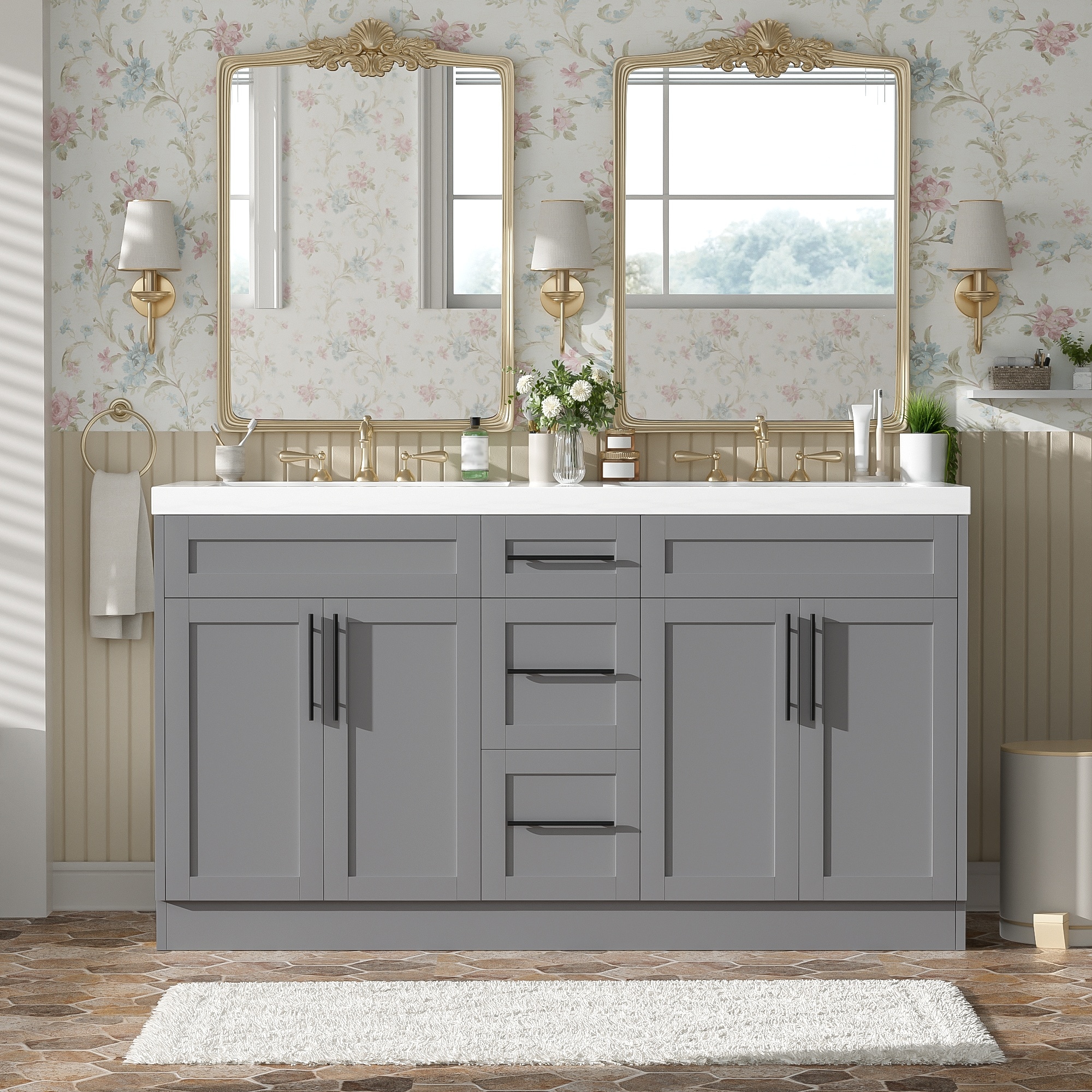Homy Casa 59.3 Inch Double Sink Bathroom Vanity with SMC Top Soft Close Doors Modern Gray