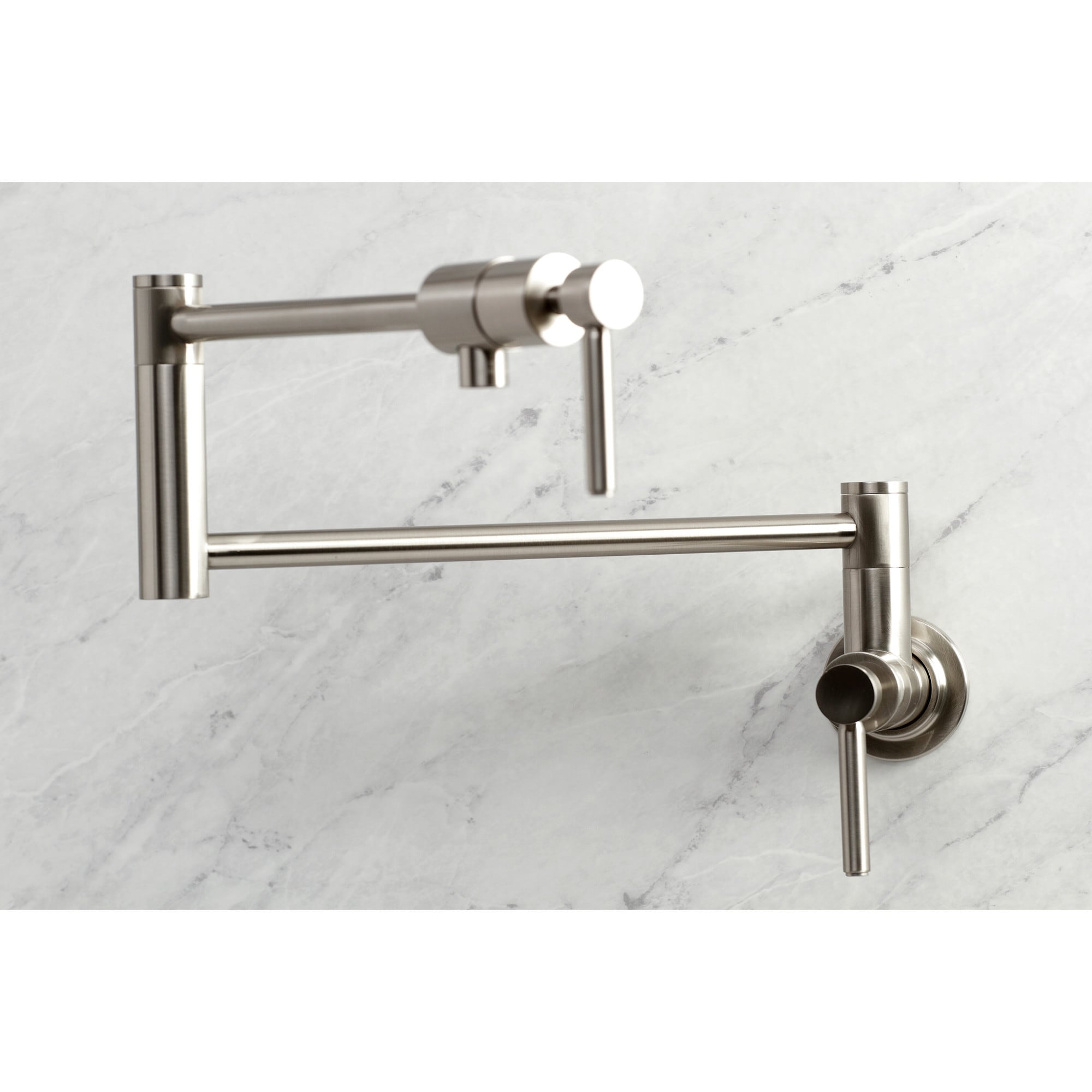 Kingston Brass WLKS4108DL Concord Brushed nickel Double Handle Wall-mount Pot Filler Kitchen Faucet with Sprayer