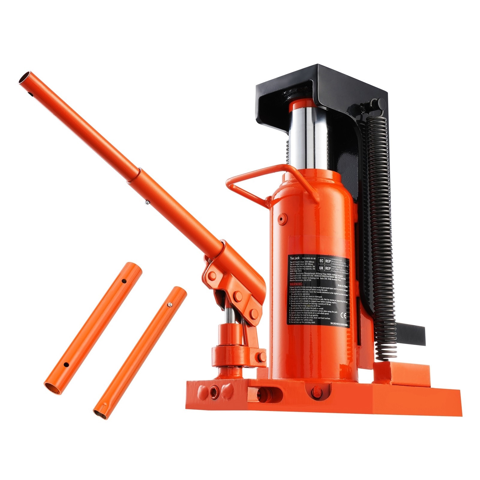 GIVIMO 10-Ton Toe and 20-Ton Top Hydraulic Toe Jack with 1.2-in to 7.5-in Toe Range 12.6-in to 18.9-in Top Range 3-Stage Collapsible Handle Seamless Welded Steel Body Overload Protection Valve and Corrosion Resistant Coating for Machinery and Industry