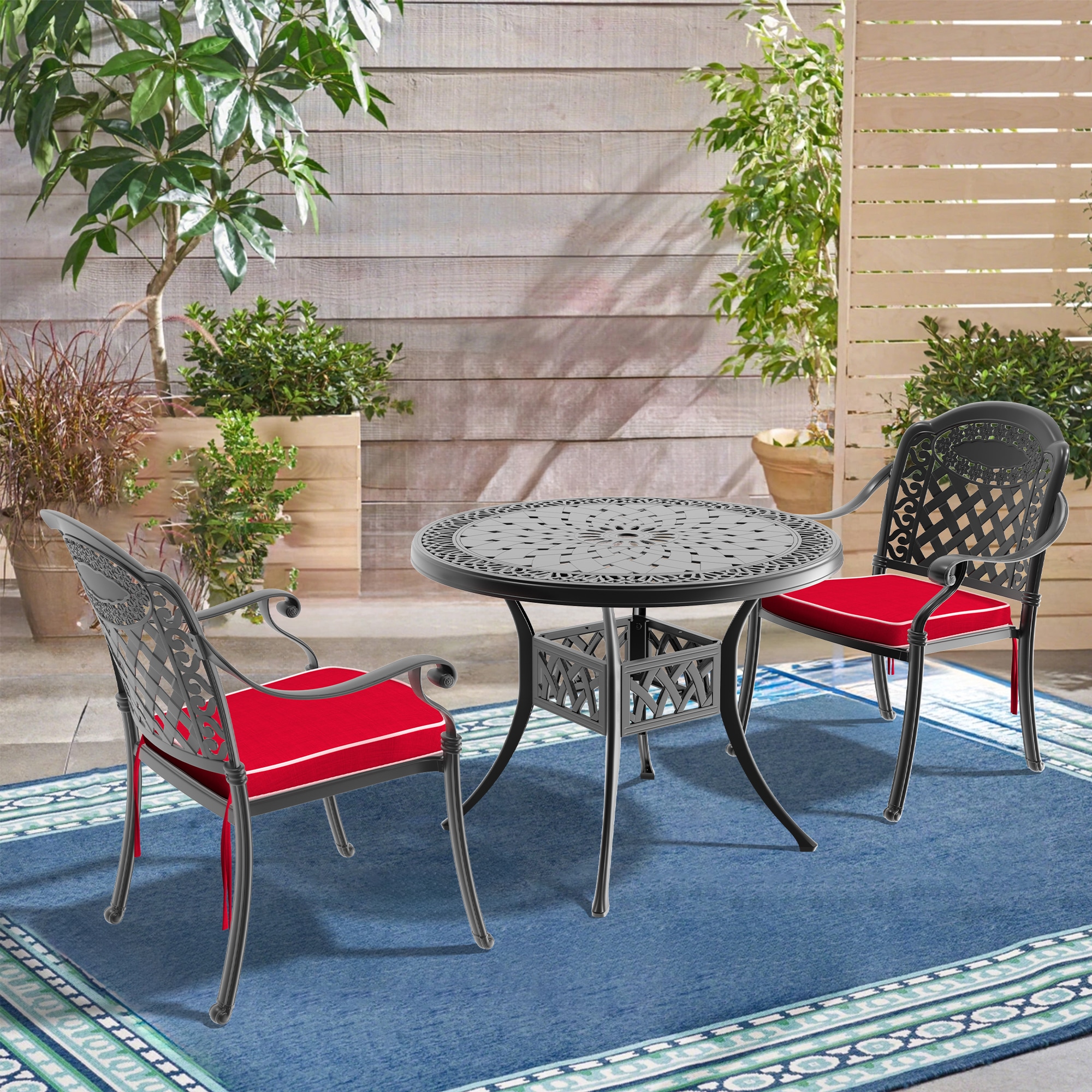 nicesure SLBK6008CZ2A1172RC 3 -Piece Black Patio Dining Set Aluminum Round Table with 2 Cushions Stackable Stationary Chairs