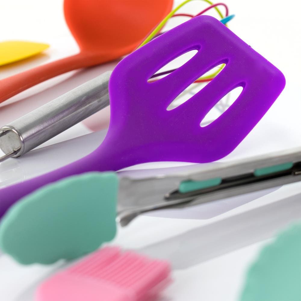 Cook with Color 3 Piece Color Changing Silicone Utensil Set with Blue Tong,  Pink Slotted Turner, and Teal Spoon 