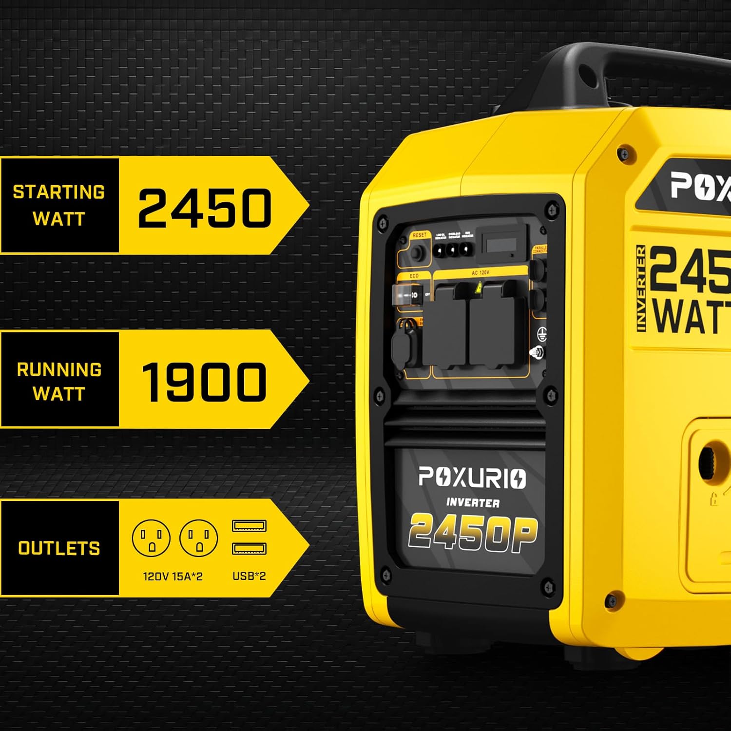 2450-Watt Portable Inverter Generator for Home Use, 1.6Gallon Large Fuel Tank Up to 8.3 Hours Use, 120V Gas Powered Generator Super Quiet - EPA