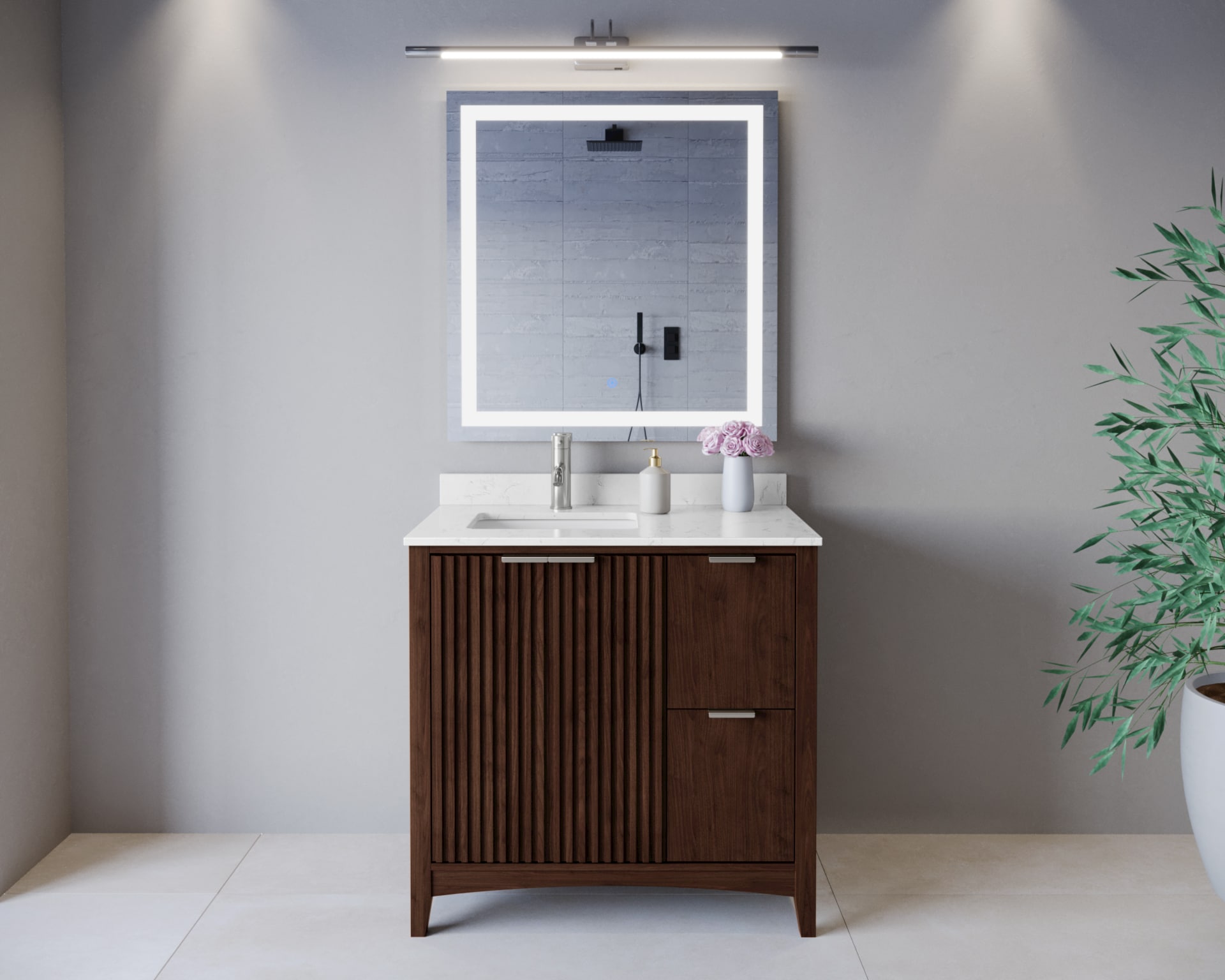 Wyndham Collection WCF919136SDWCCUNSMXX Palmilla 36-in Dark Walnut with Brushed Nickel Trim Undermount Single Sink Bathroom Vanity with Carrara Cultured Marble Cultured Marble Top