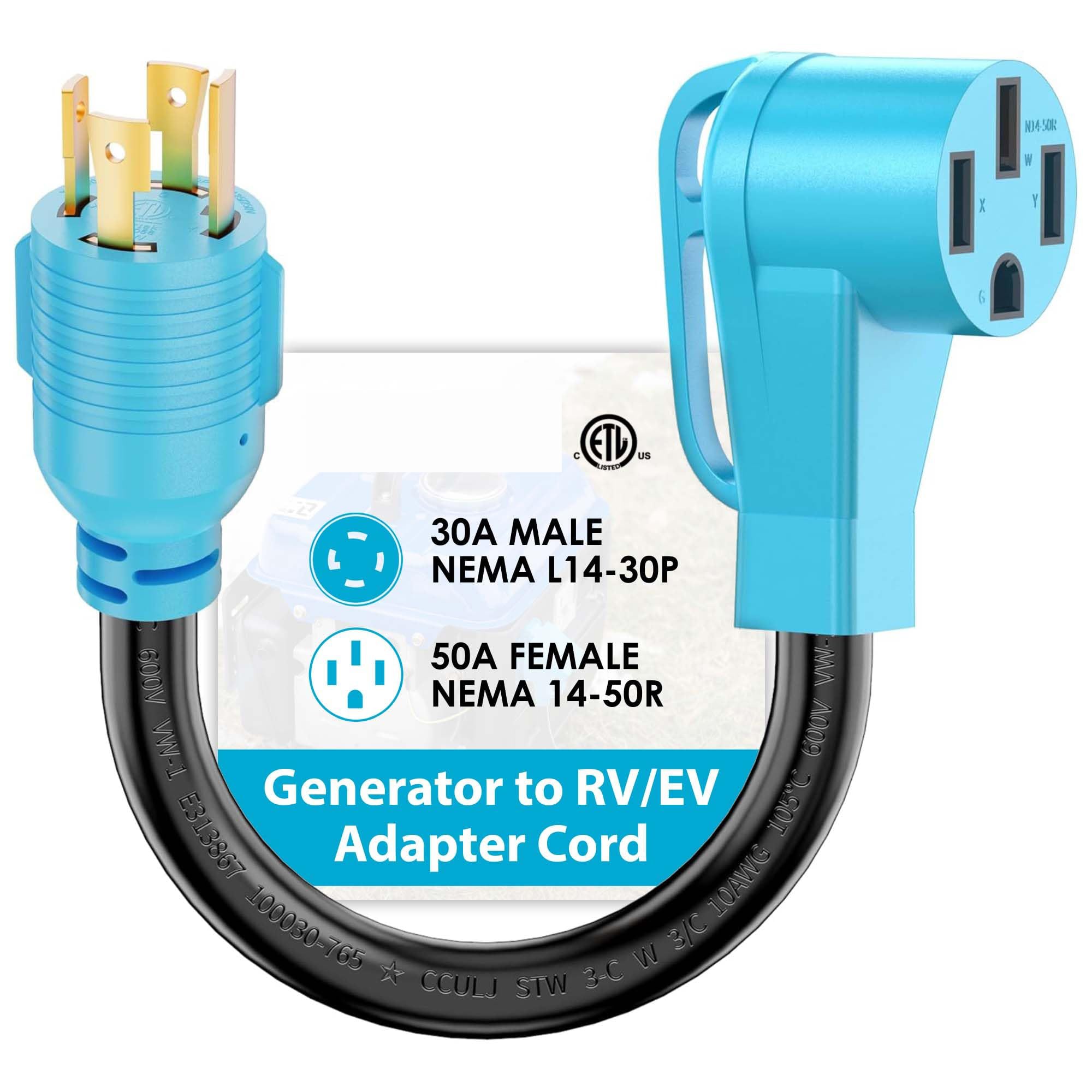 Misopily 1 Piece 4 Prong 30 Amp to 50 Amp Generator to RV Adapter Cord NEMA L14-30P to 14-50R Heavy Duty STW 10 AWG Blue Grip Handle #LMS0408G11