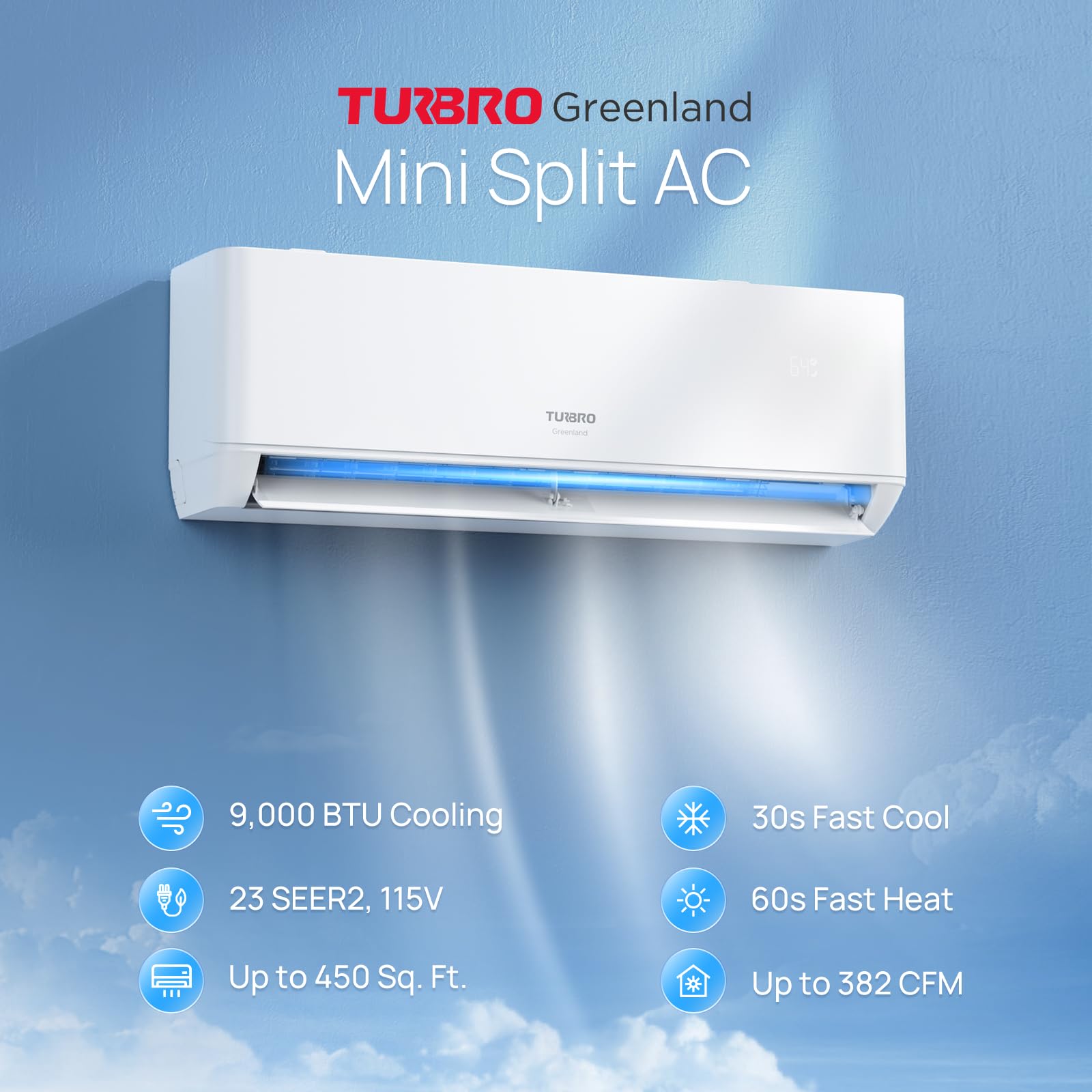 TURBRO  9000 BTU Ductless Mini Split Inverter AC with Heat Pump 24 SEER2 115V WiFi Enabled Cools up to 450 Sq Ft Energy Star R454B Greenland Series Heating and Cooling Air Conditioner System Sansujyuku sansujyuku.com