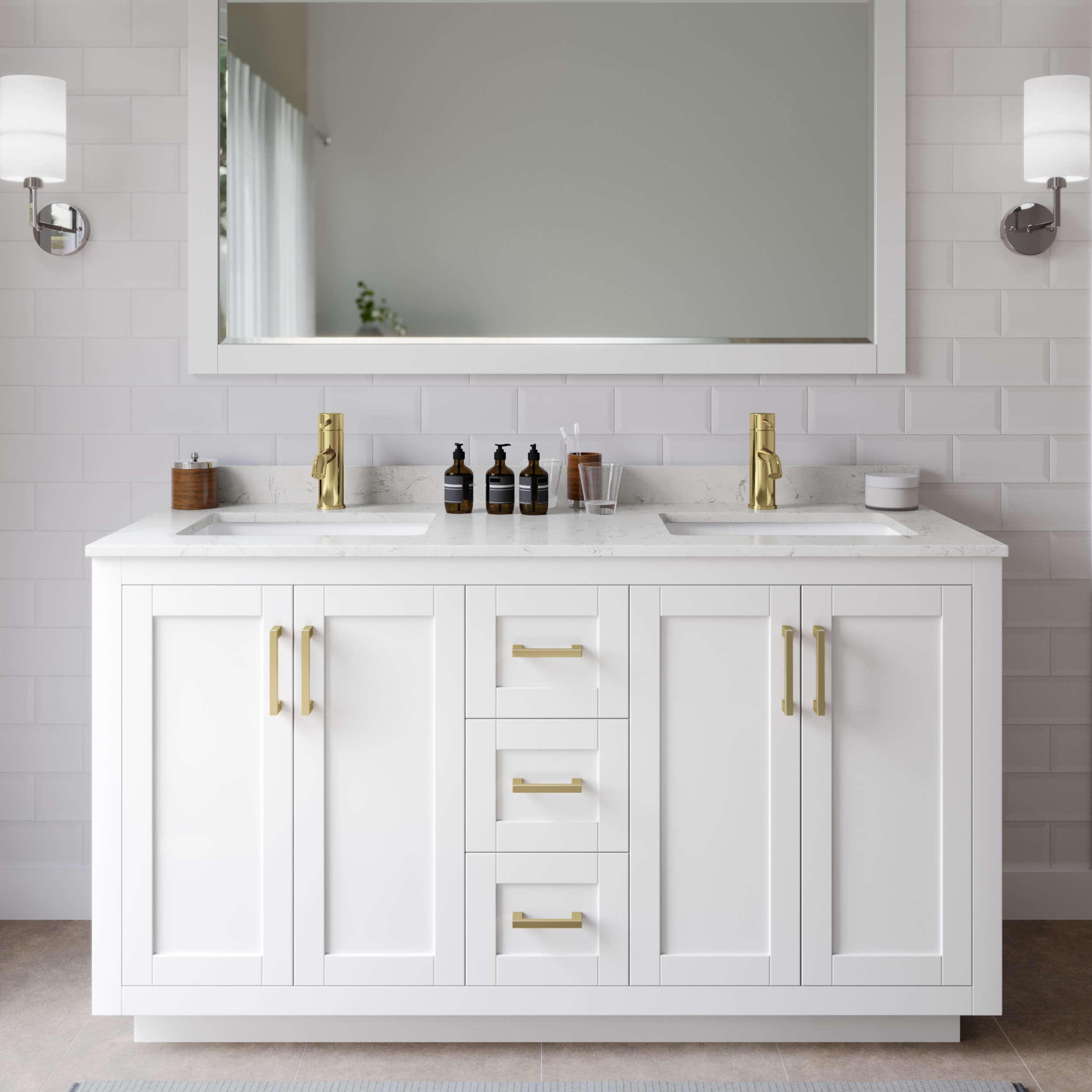 Wyndham Collection WCF292960DWGC2UNSMXX Miranda 60-in White with Brushed Gold Trim Undermount Double sink Bathroom Vanity with Carrara Cultured Marble Cultured marble Top