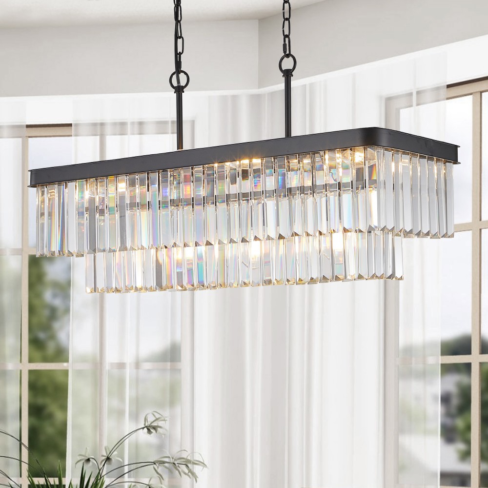 Basdien 33 in Black Rectangular Crystal Chandelier Modern Industrial Lights Farmhouse Iron Ceiling Light Kitchen Living Room Bedroom 11 Light E12 Bulbs Not Included Iron Crystal Height Adjustable Rust Corrosion Resist Premium Quality Elegances