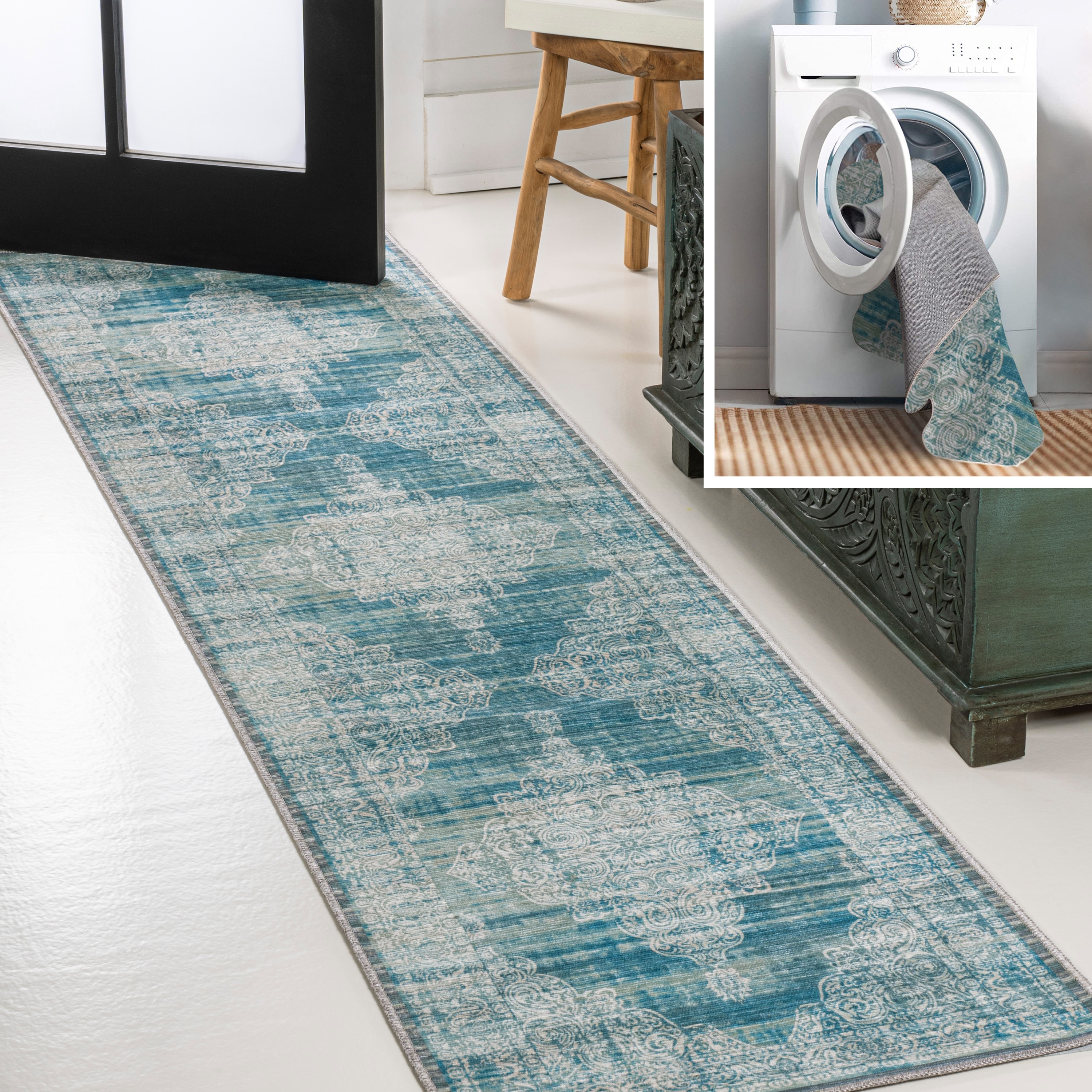 JONATHAN  Y WSH107B-28 WASHABLE Regis Bohemian Medallion 2 x 8 (ft) Loomed Chenille Teal/Cream Rectangular Indoor Border Farmhouse/Cottage Machine washable Runner rug
