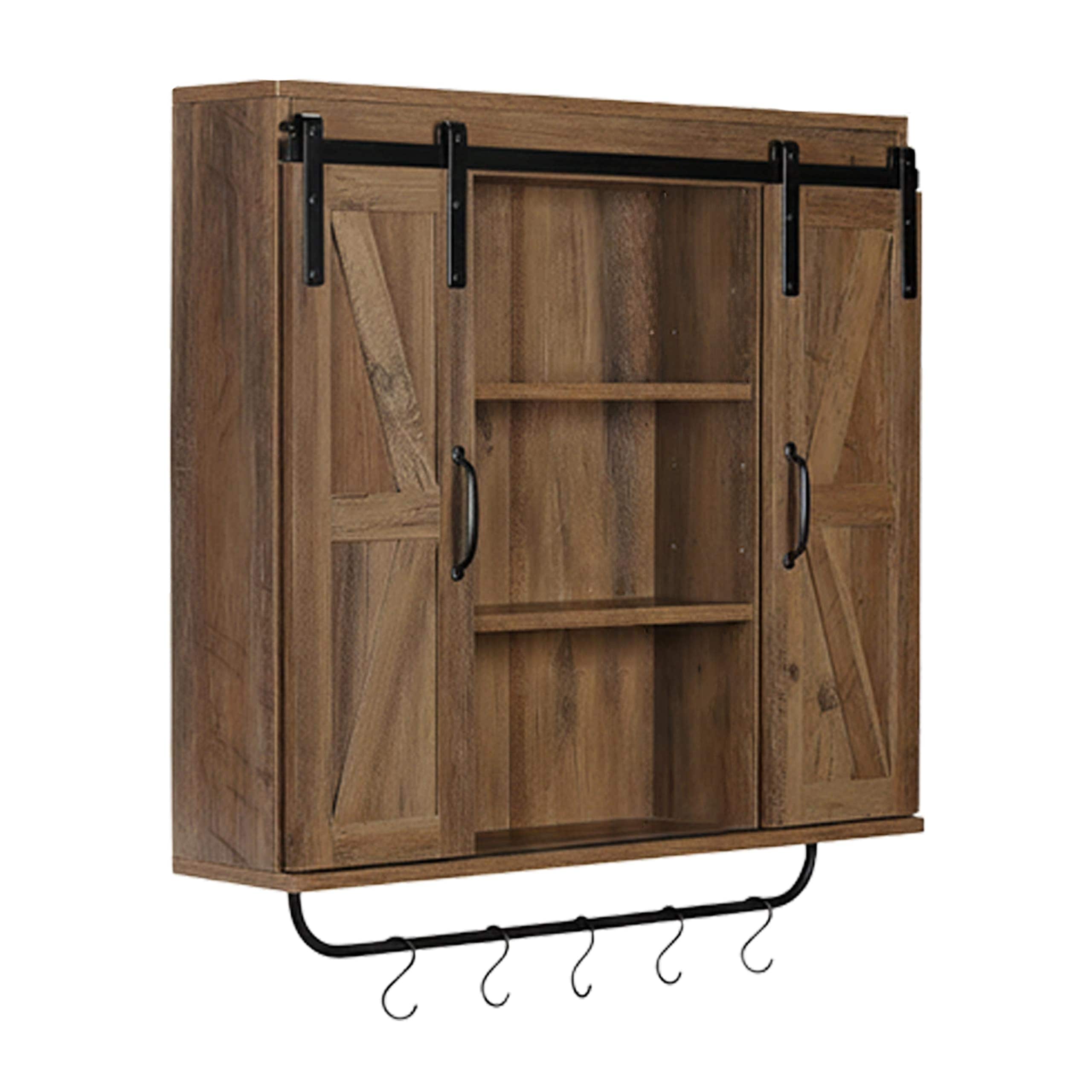 Etokfoks  30.7 in W x 27.6 in H x 7 in D Rustic Wood Wall Cabinet 2 Sliding Barn Doors 7 Compartments Adjustable Shelves for Bathroom Kitchen 1 Piece