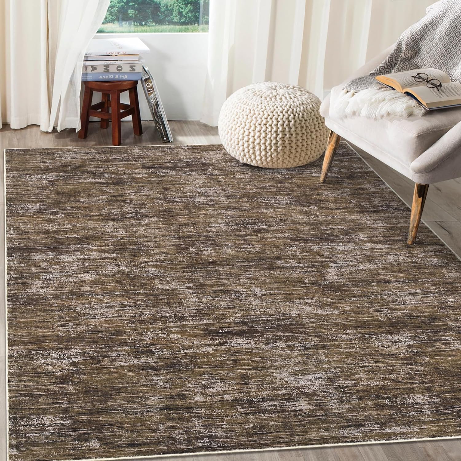 Garvee 5x7 Machine Washable Area Rug for Living Room NonSlip Stain Resistant Modern Abstract Bedroom Rug Contemporary Solid Throw Rug Foldable Accent Floor Carpet for Dining Room Brown