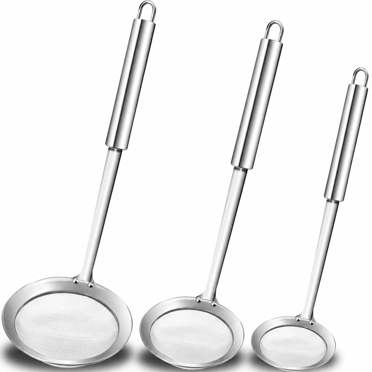 DHMHD  Stainless Steel Fat Skimmer Spoon Set of 3 Fine Mesh Kitchen Strainers with Long Handles for Skimming Cooking Frying Grease Gravy and Foam