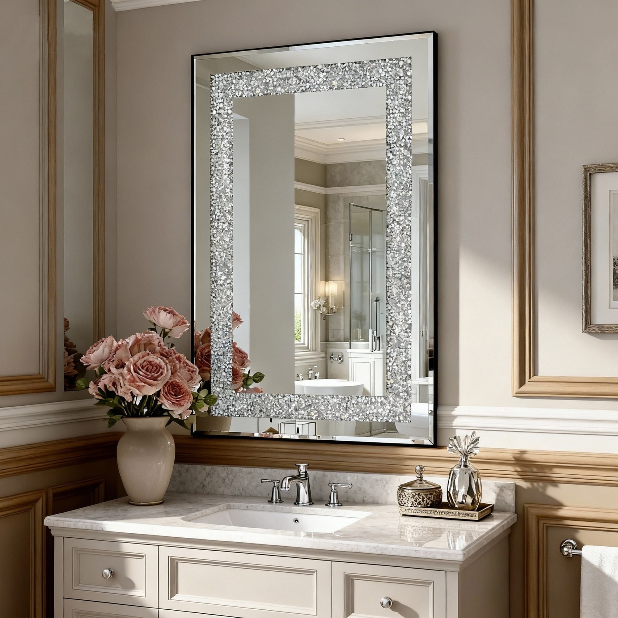 IAK 36 inch x 24 inch Silver Diamond-Cut Frame Rectangle Bathroom Mirror with Beveled Edge