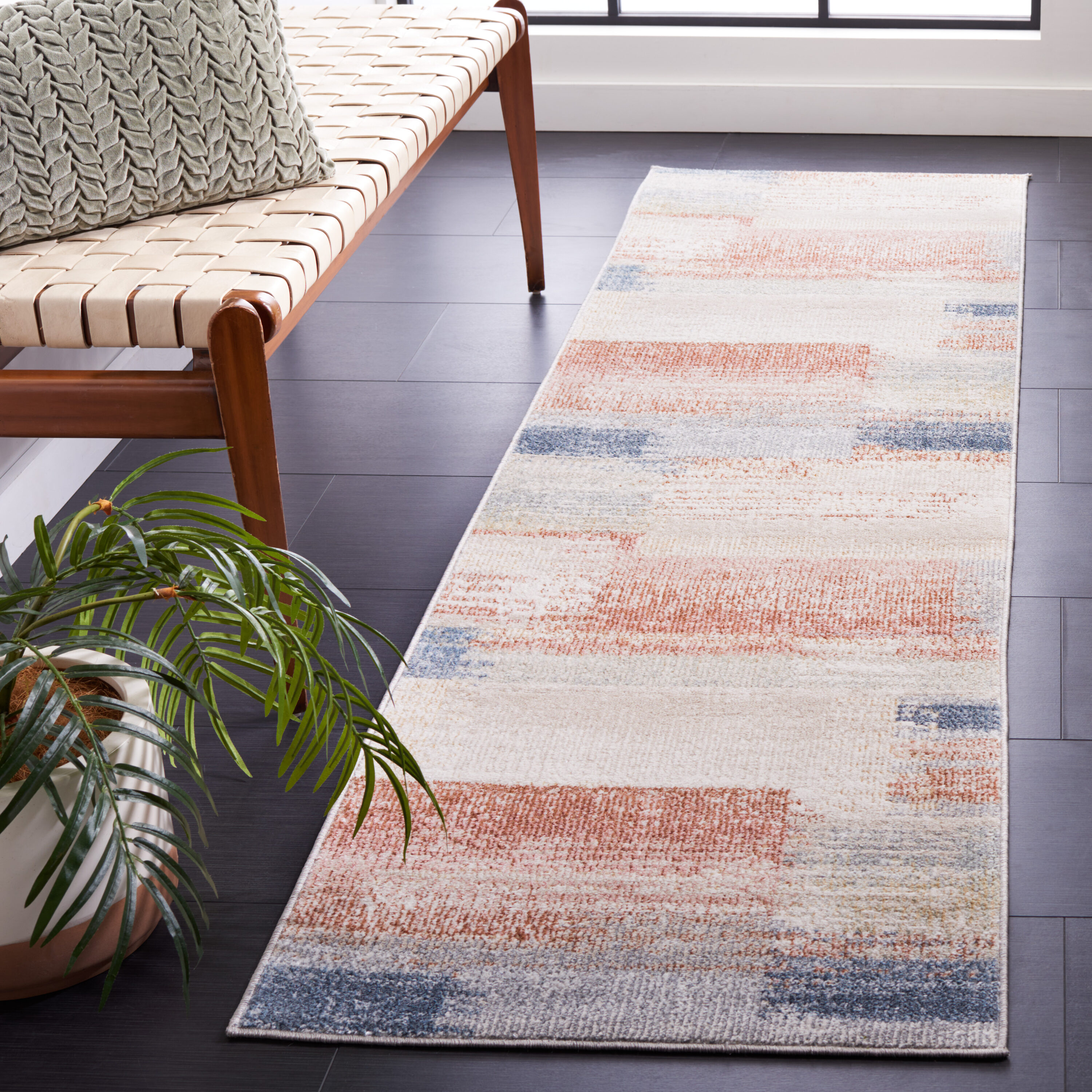 Safavieh BLR216B-28 Blair Washable 2 x 8 (ft) Polyester Beige/Blue Rust Rectangular Indoor Abstract Machine washable Runner rug