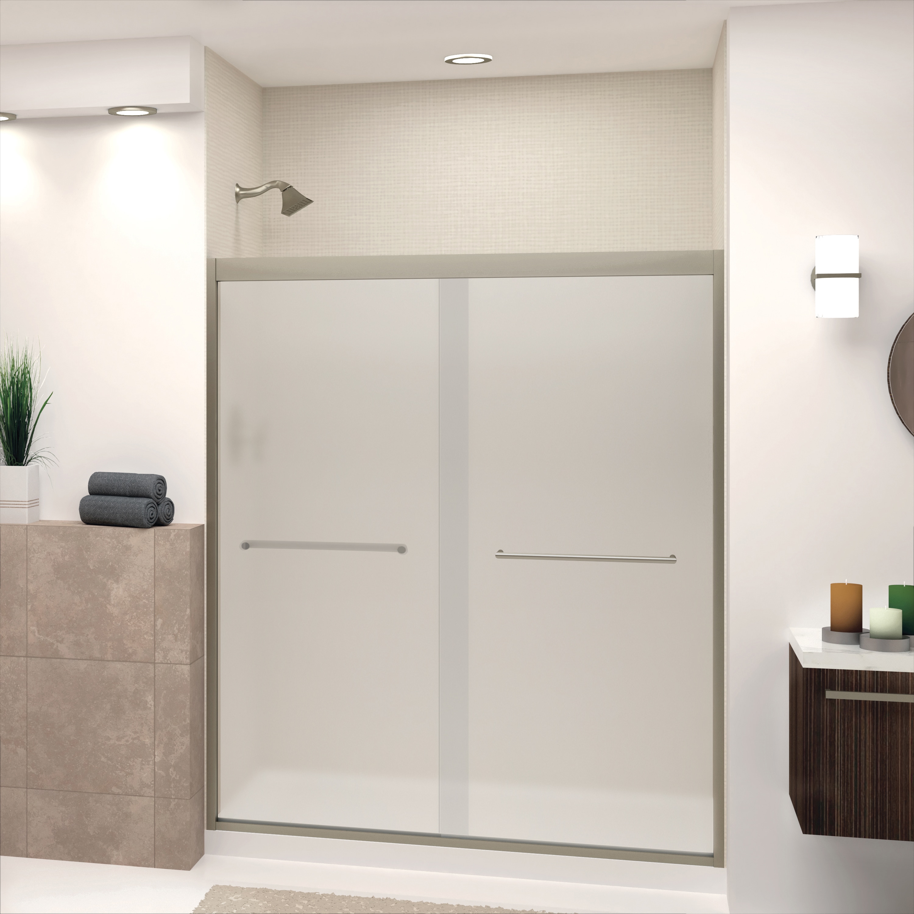 Transolid FBPT607008F-T-BN Frederick Brushed Stainless 26-in to 27-1/4-in x 70-in Semi-frameless Sliding Soft Close Shower Door