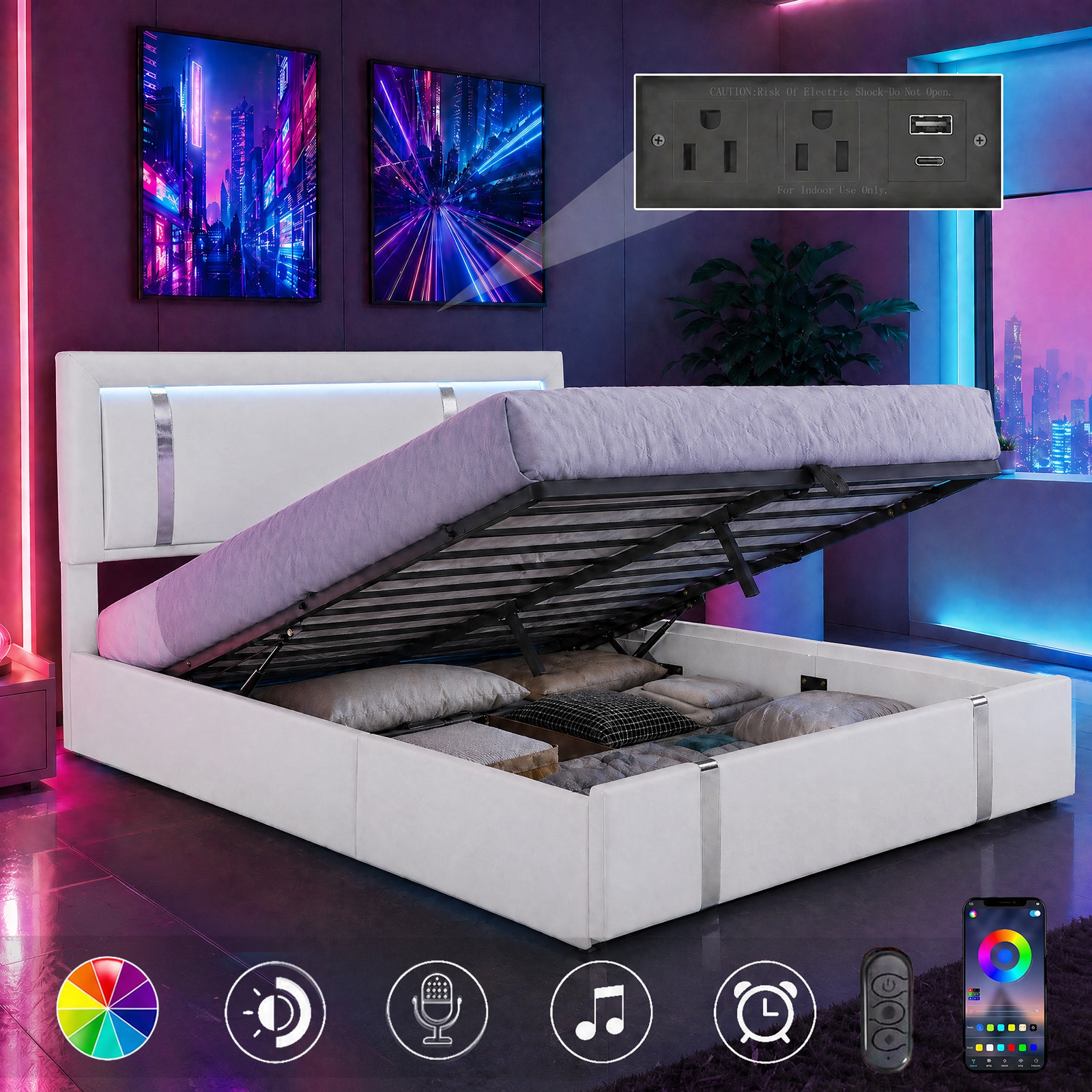 LUXEYARD Full Size Lift Up Storage Bed Frame with LED Headboard and USB ...
