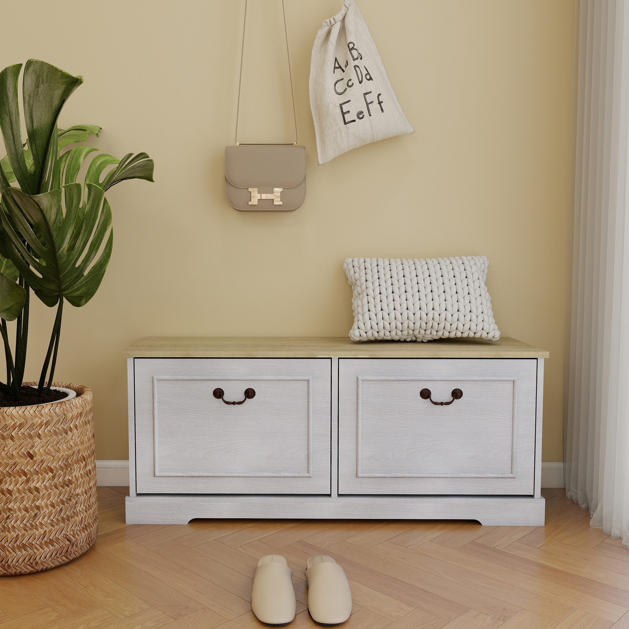 LUXEYARD Shoe Storage Bench 2 Flip Drawers Adjustable Shelf Entryway Hallway Bedroom Antique White