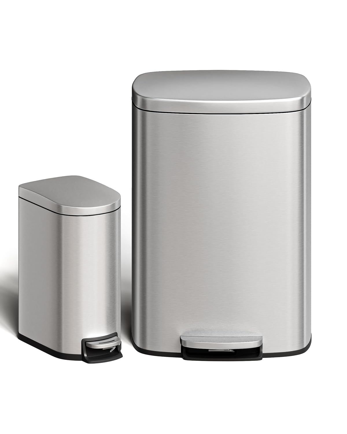 Garvee Silver 13 Gallon and 2.6 Gallon Metal Trash Cans Combo Set - Rustproof Garbage Can with Lid - Step-on Trash Bin with Inner Bucket and Rear Handle for Home and Office