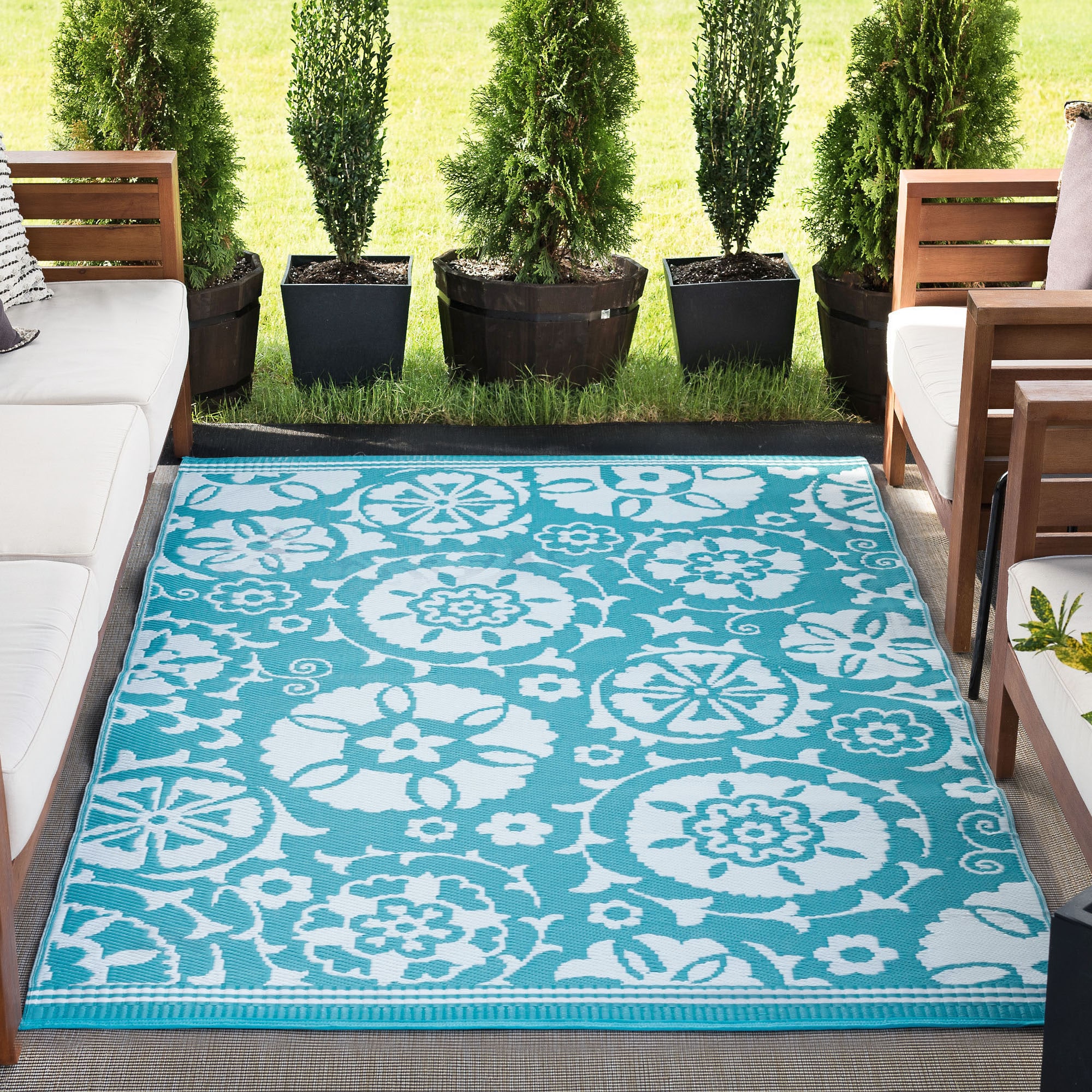 Tayse SUN1501 5X7 Sunset 5 x 7 (ft) Flatweave Polypropylene Aqua Rectangular Outdoor Floral/Botanical Coastal Area rug