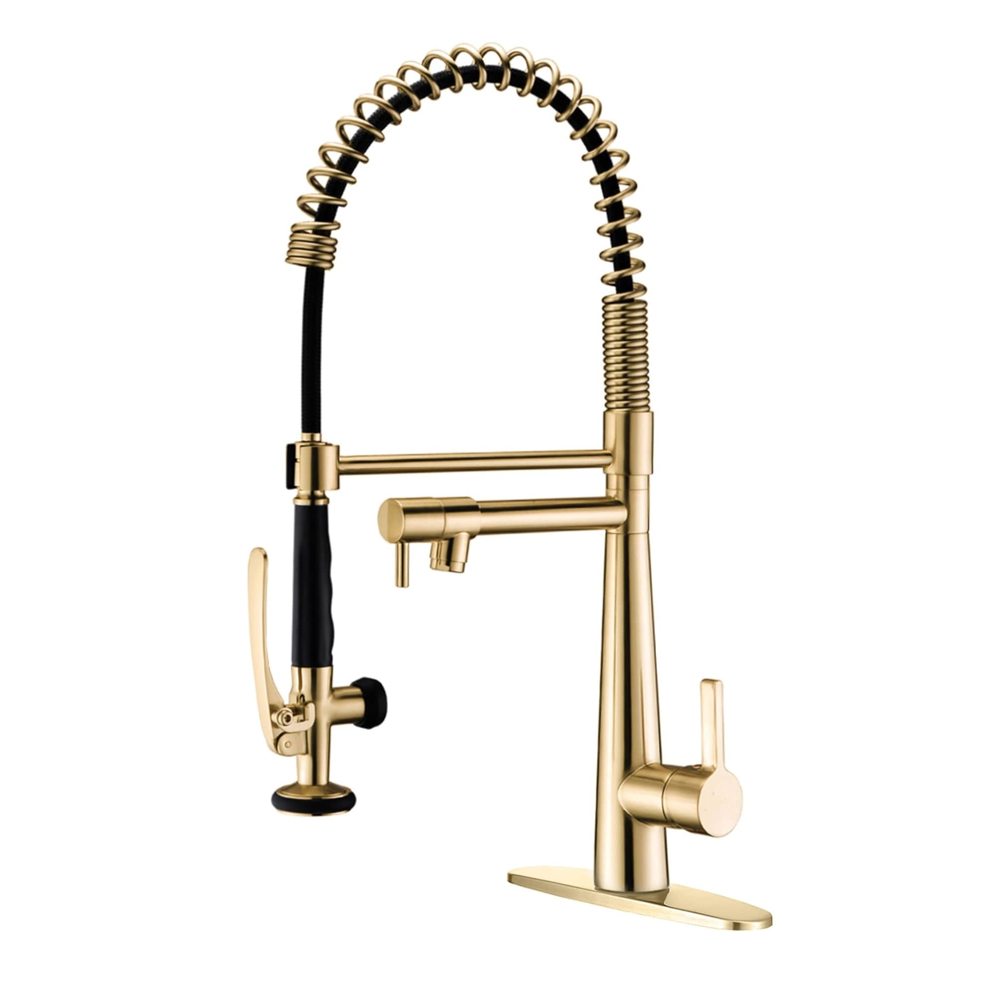 Vrbgify  Copper Kitchen Faucet Solid Brass Brushed Gold Heavy Duty Spring Pre Rinse Single Handle with Pull Down Sprayer and Pot Filler Commercial