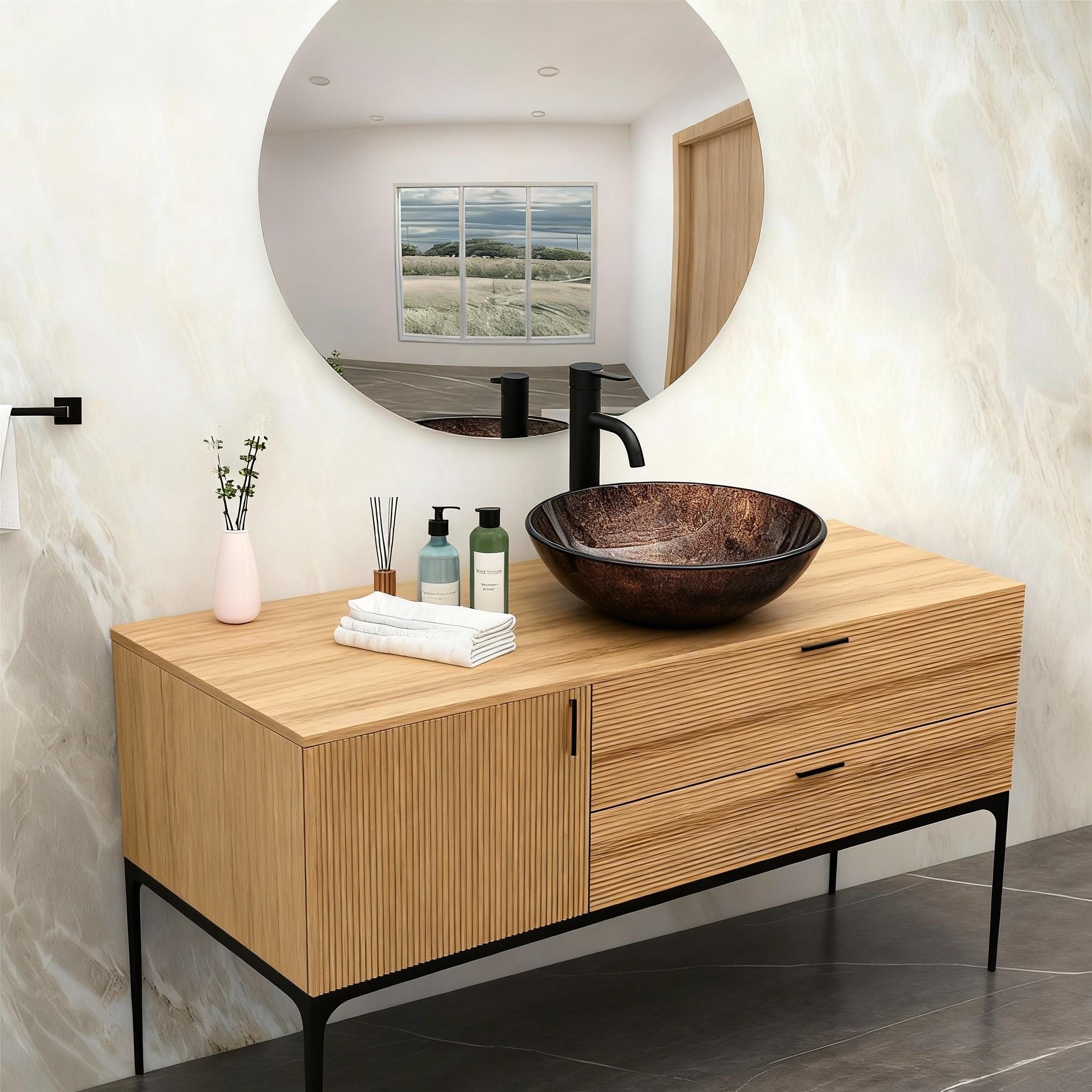 Tatayosi Bathroom Artistic Tempered Glass Vessel Bathroom Sink with Black Faucet and Pop-up Drain Textured Brown Oval Basin Tempered Glass