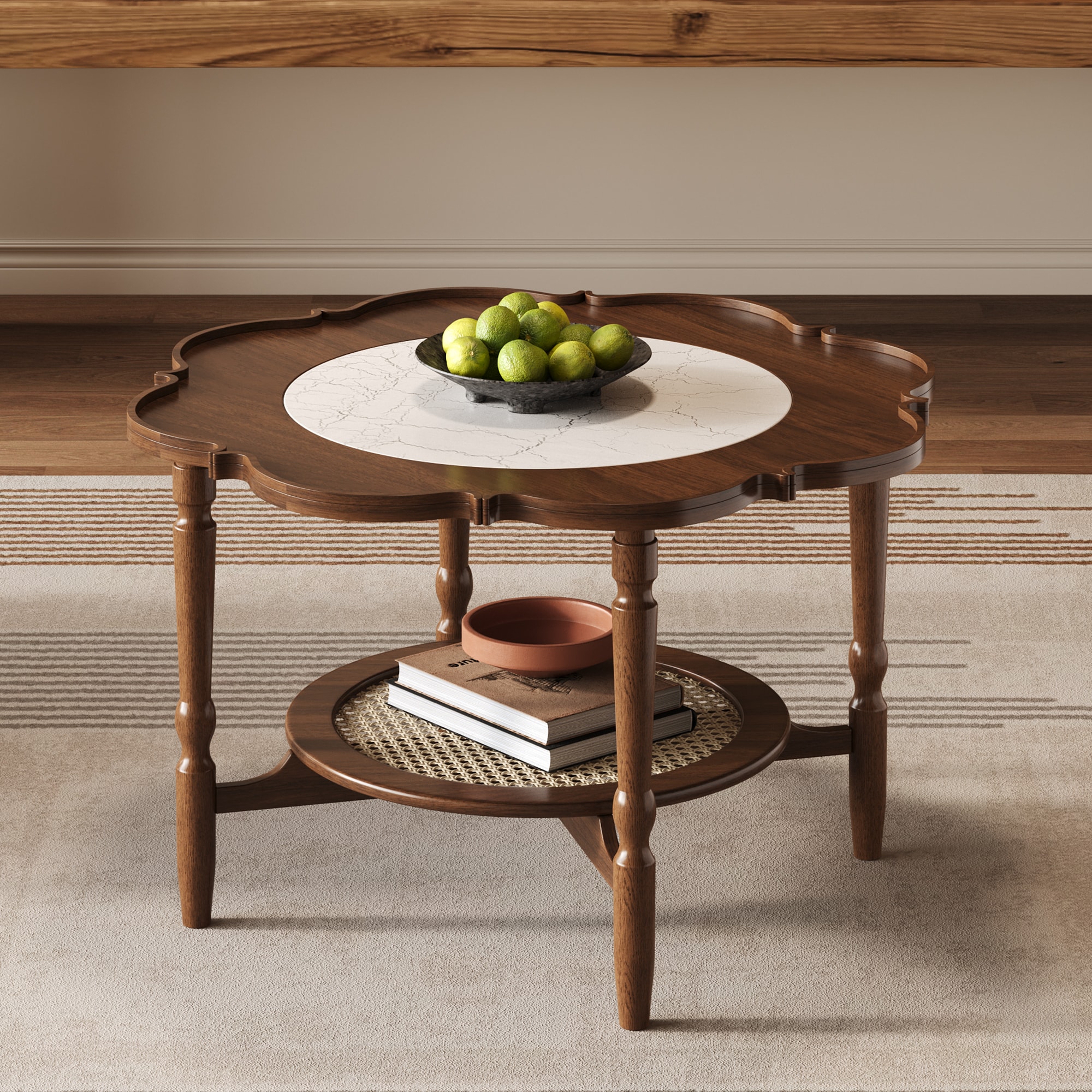 ModernLuxe L3P-N735P291422D MidCentury Style Coffee Table with Petal Shape and White Crackle Pattern Glass 2Tiered Coffee Table with Rattan Walnut 31.5inch