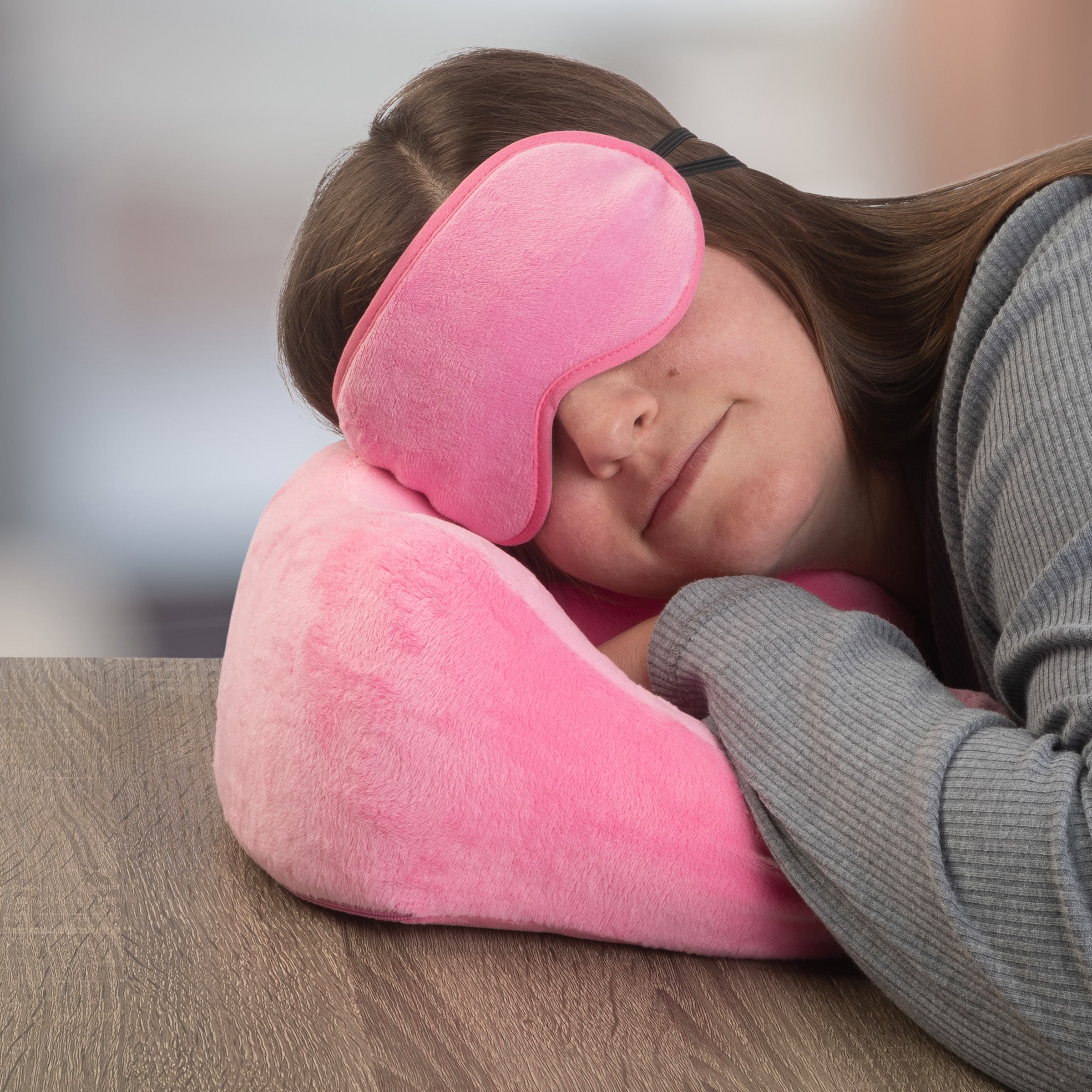 Pink Memory Foam Travel Pillow Set with Fleece Blanket and Eye Mask