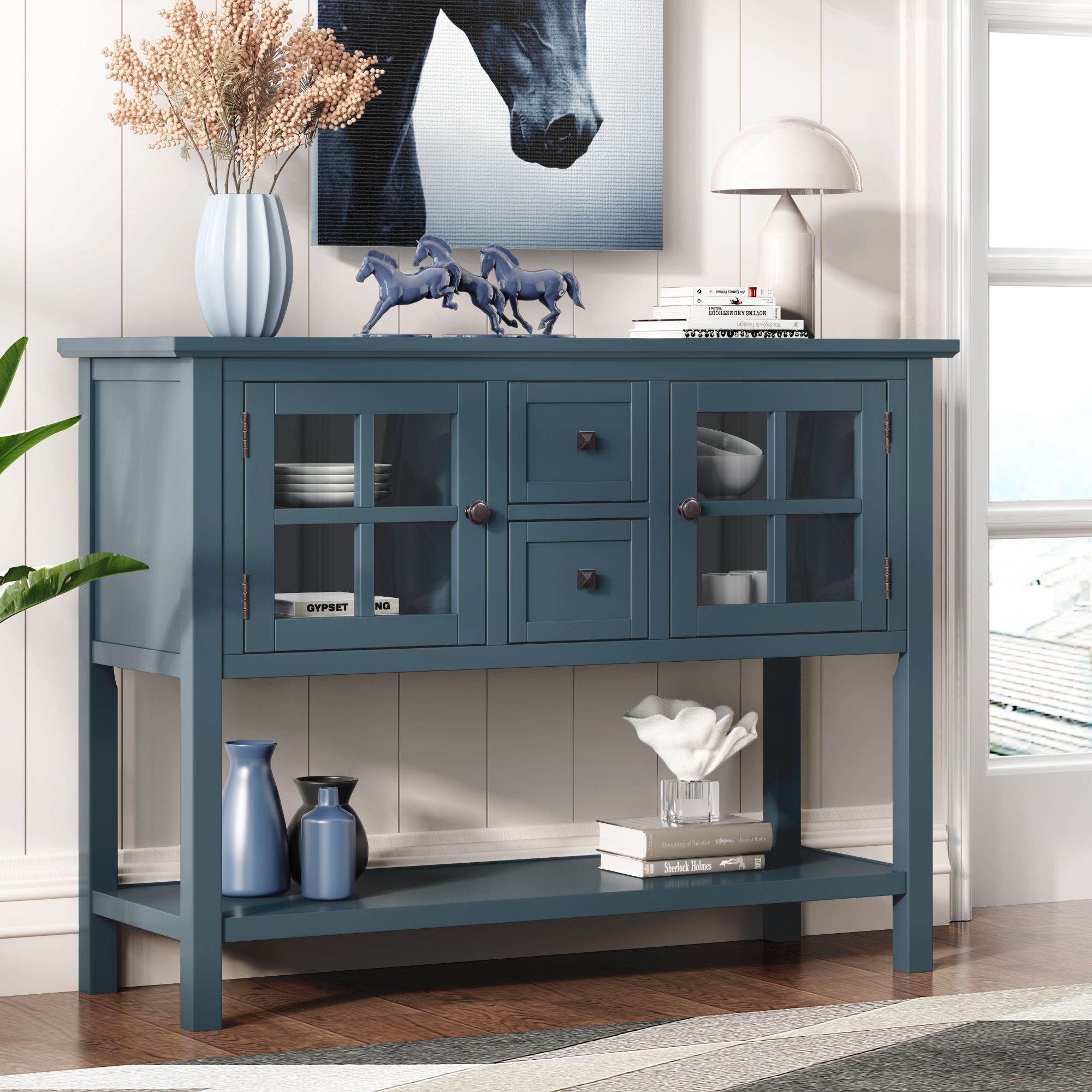 36 Retro Style Pine Console Table with 4 Drawers and 1 Storage Shelf, Blue  - ModernLuxe
