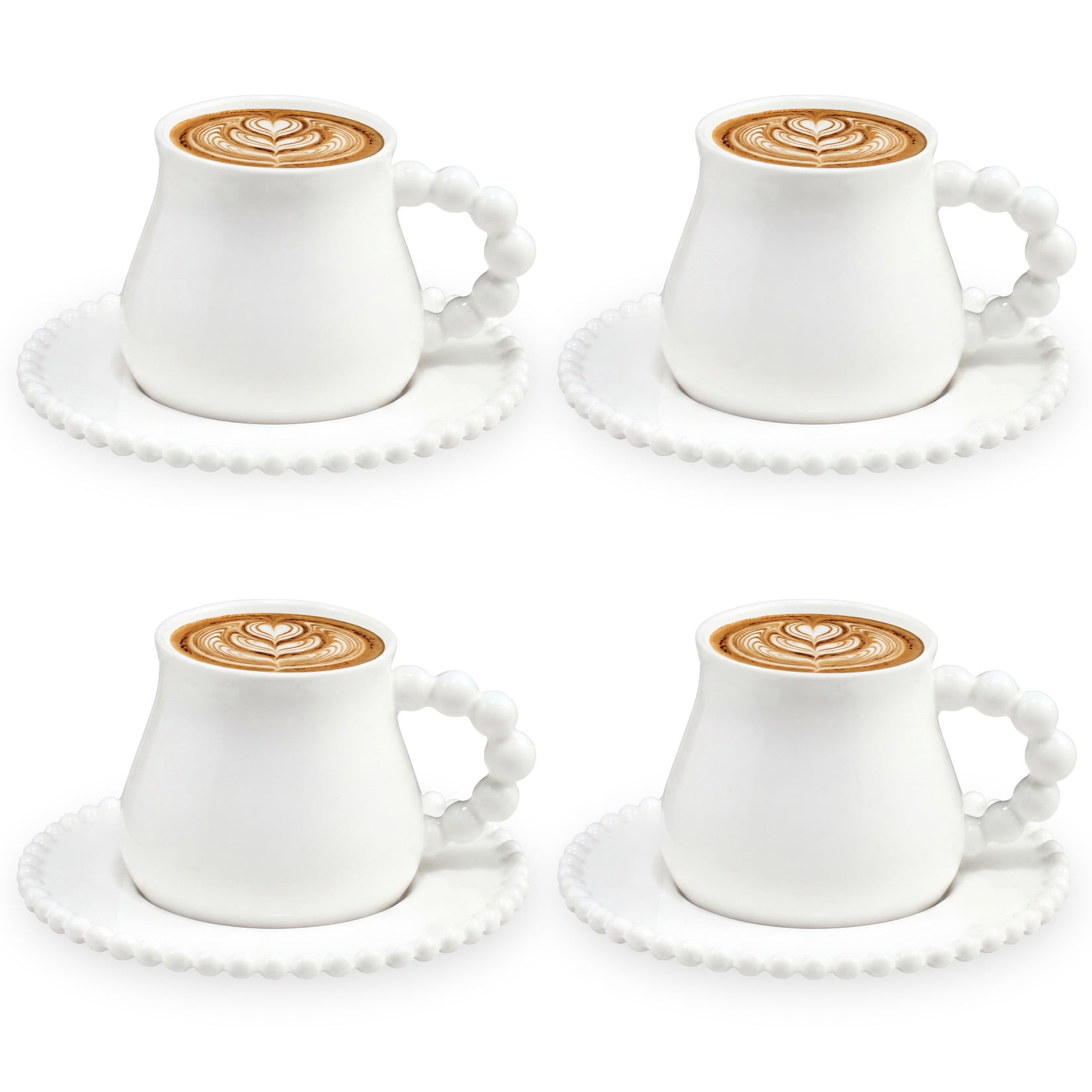 Garvee Set of 4 White Ceramic Coffee Cups and Saucers 8oz Porcelain Cappuccino Cup Set Latte Mugs Tea Cups with Pearl-Edge Design for Latte Macchiato Mocha Tea