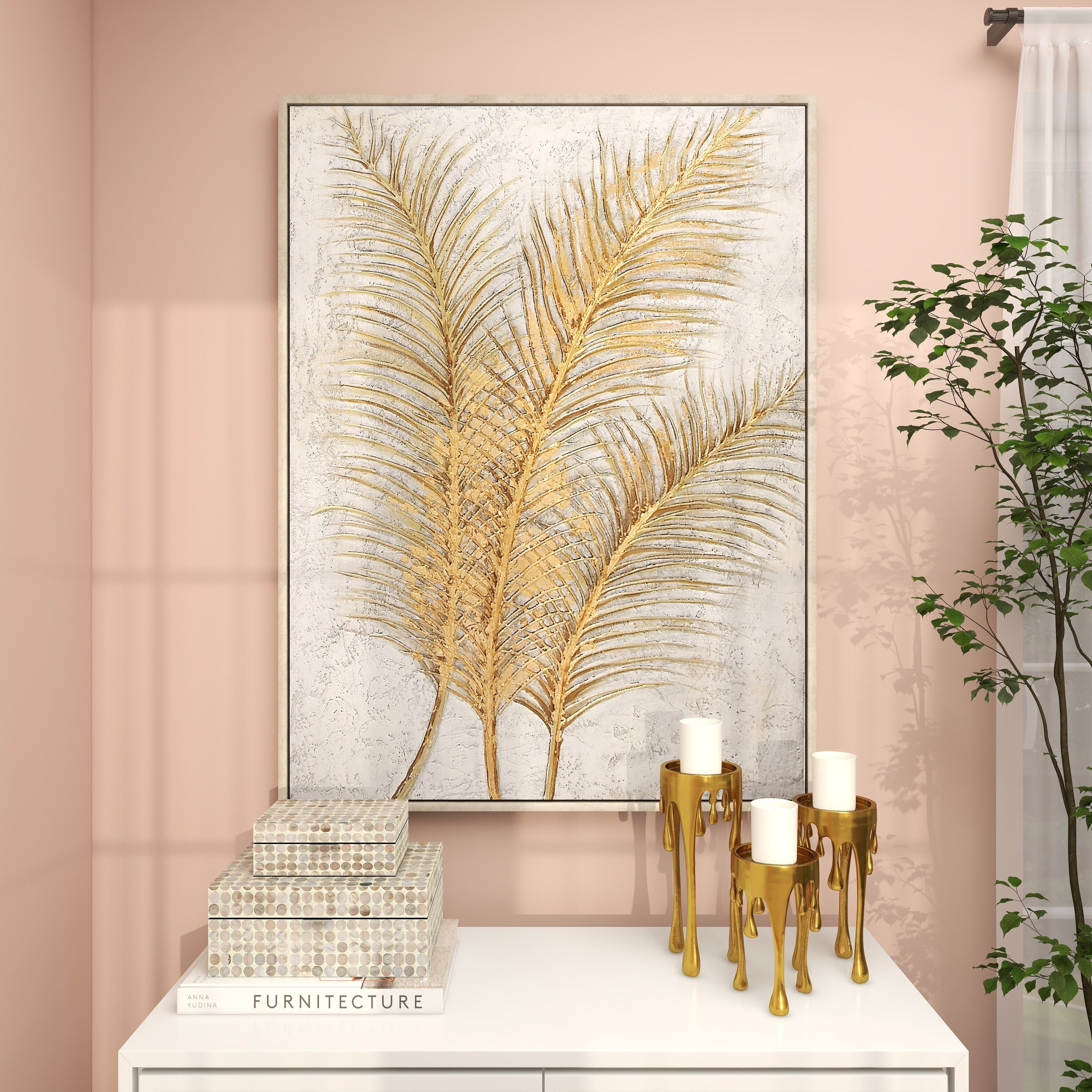 Large Gold and White Botanical Canvas Framed Wall Art