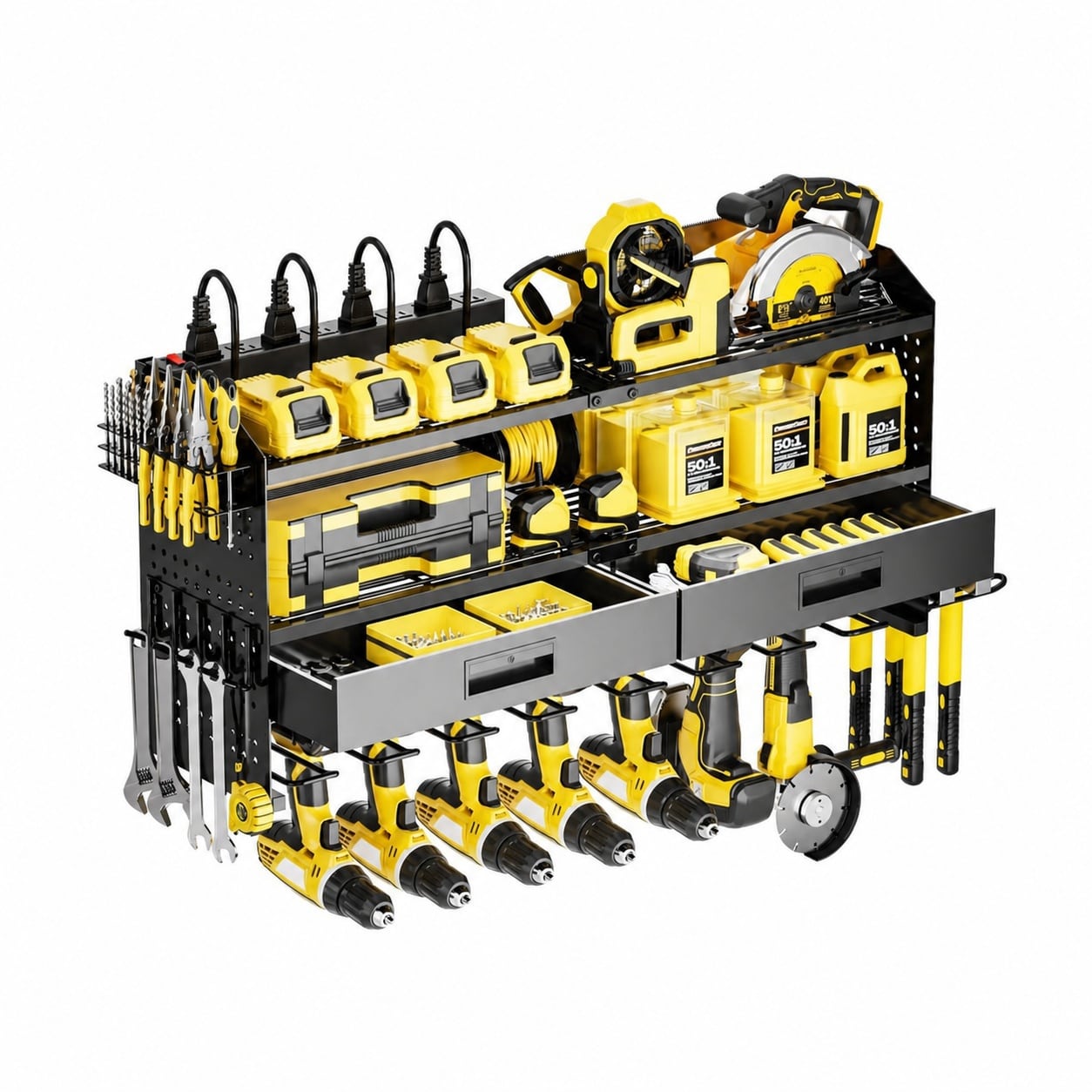 Oyezvary  Power Tool Organizer Wall Mount Heavy Duty 400 lbs 4 Layer Storage Rack with 9 Drill Holders AC Outlets Drawers for Garage Workshop