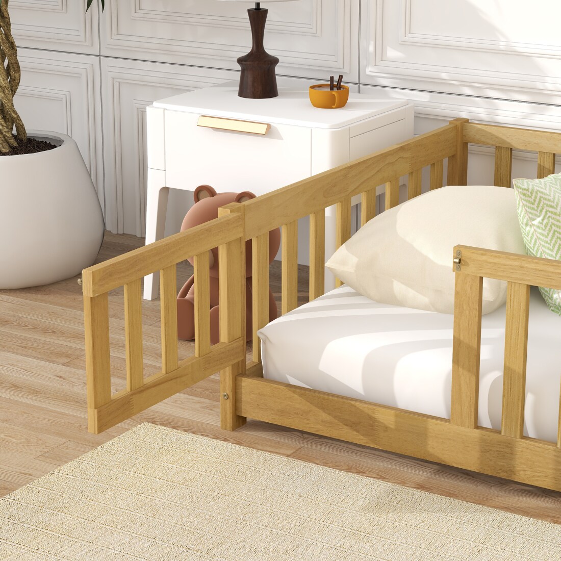 CHITA Twin Size Modern Wooden Floor Bed with Safety Guardrails Sturdy ...