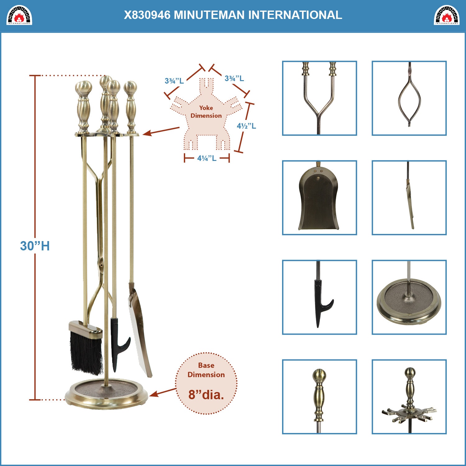 Antique Brass Plated 4-Piece Fireplace Tool Set with Round Base