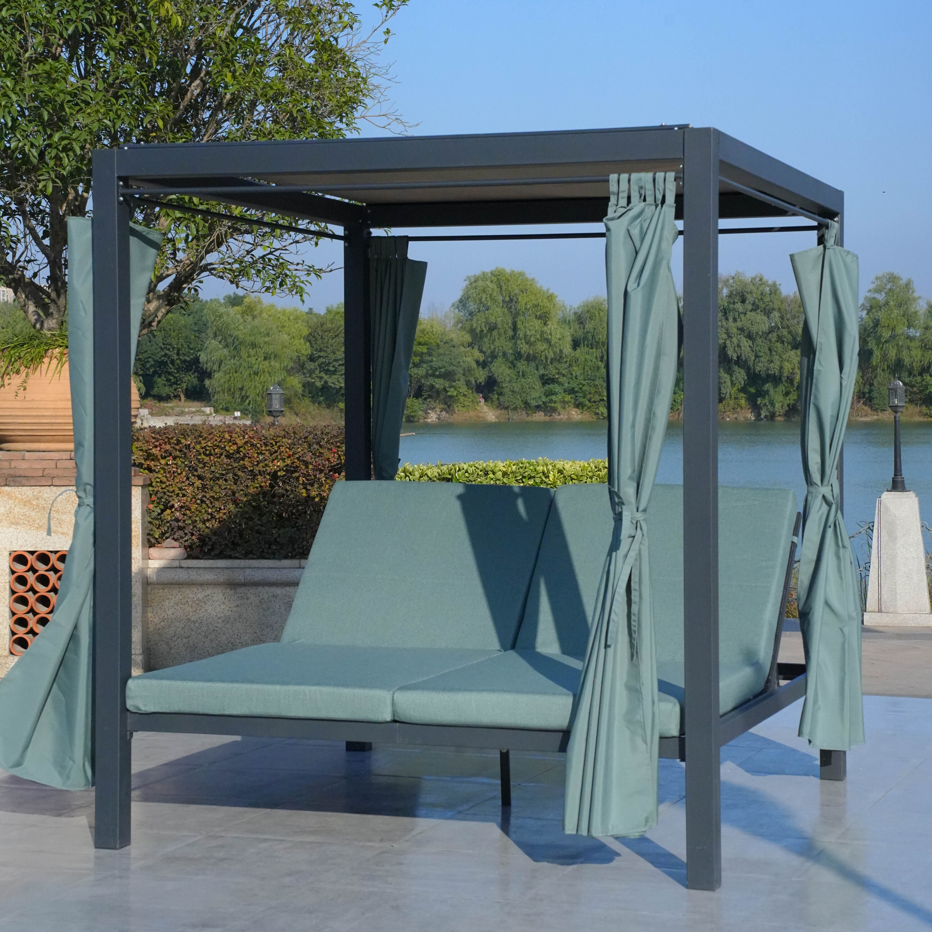 Moda Furnishings PAL-1129B-CELADON Patio Conversation Set with Green Cushions