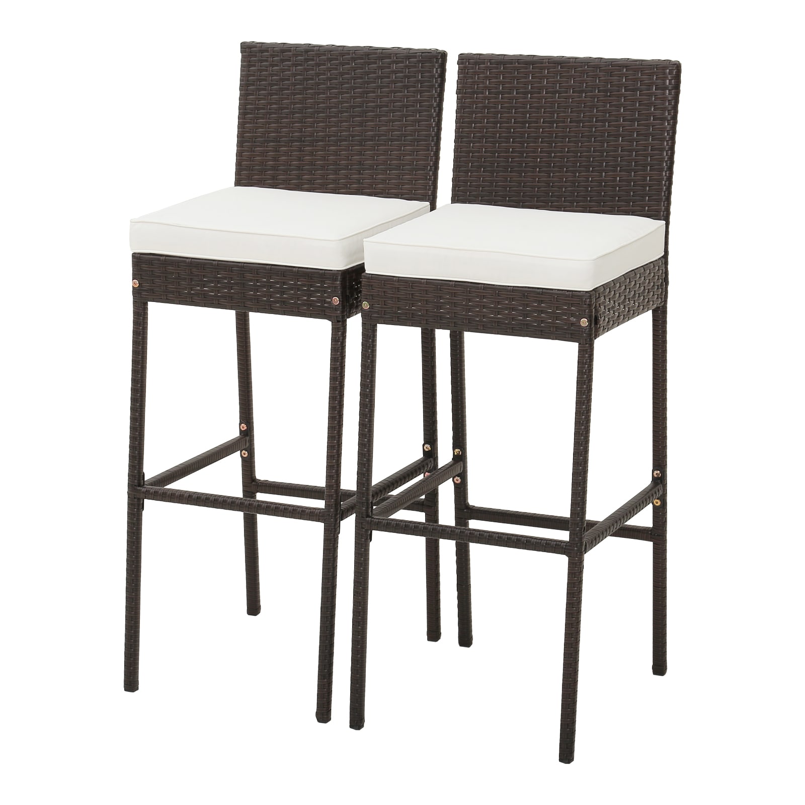Forclover HYFE-10462CF-2 Patio stools Set of 2 Wicker Brown Metal Frame Stationary Bar Stool Chair with Off-white Woven Seat