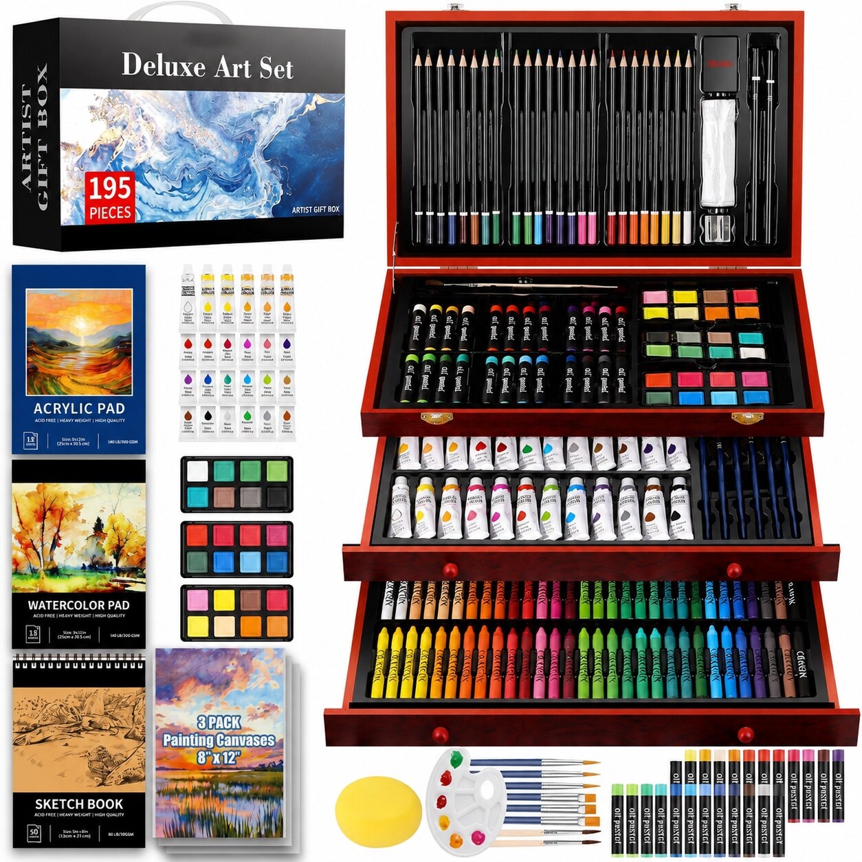 UUDULY  Deluxe Art Set 195 Piece Drawing Kit with Sketchbooks Acrylic Pads Watercolor Pads Canvases and Wooden Case for Adult Artists