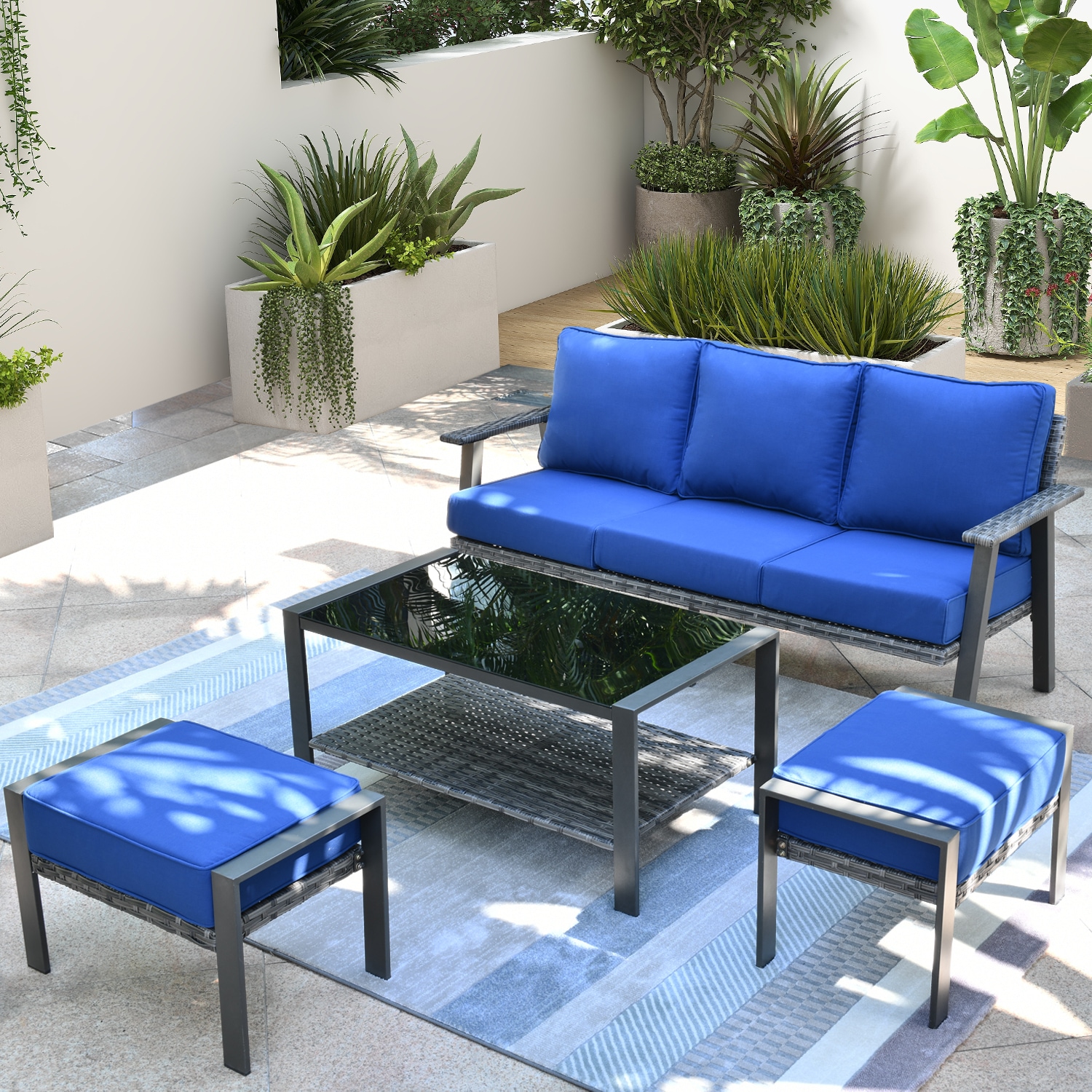 XIZZI XIHW7011 Taurus 3 -Piece Wicker Patio Sofa Conversation Set with Blue Cushions