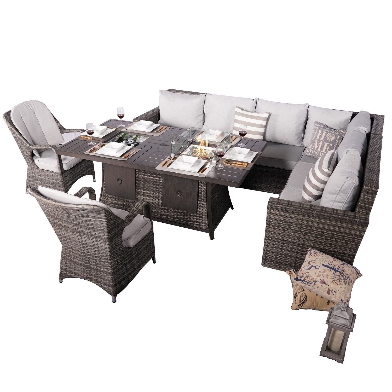 Moda Furnishings 2403FI-009 7 -Piece Wicker Patio Conversation Set with Gray Cushions
