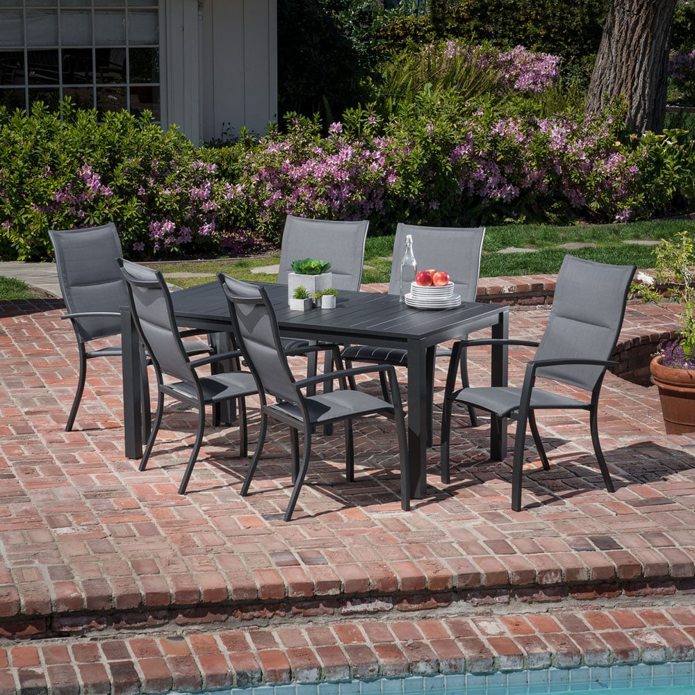 Hanover NAPDNS7PCHB-GRY Naples 7 -Piece Gray Patio Dining Set Aluminum Rectangle Table with 6 Gray Stackable Stationary Chairs