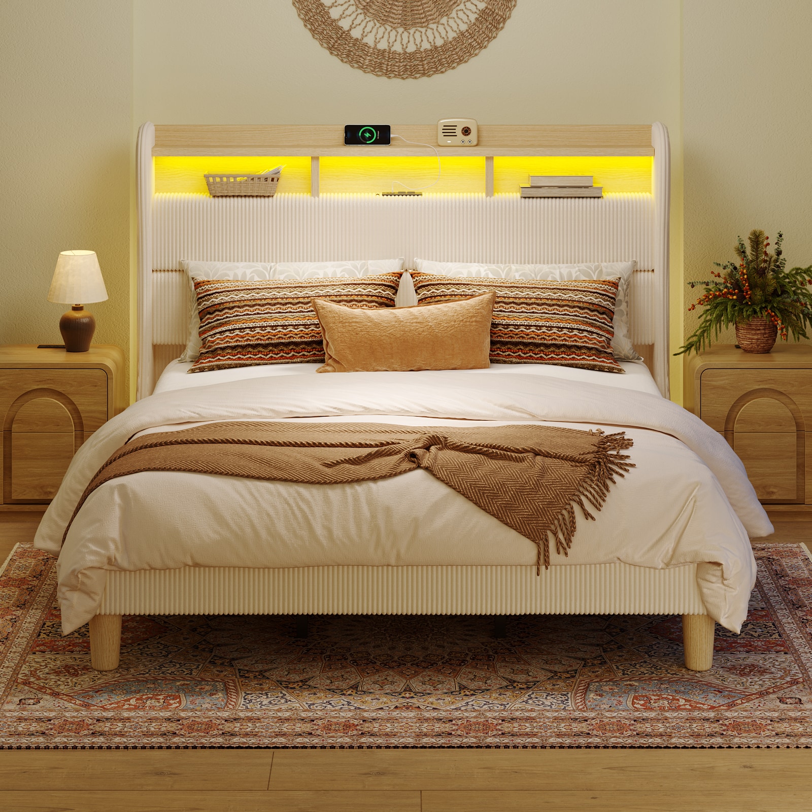 Bestier - 79.33-in W King Size White Bed Frame with LED Strip Lights and Charging Station