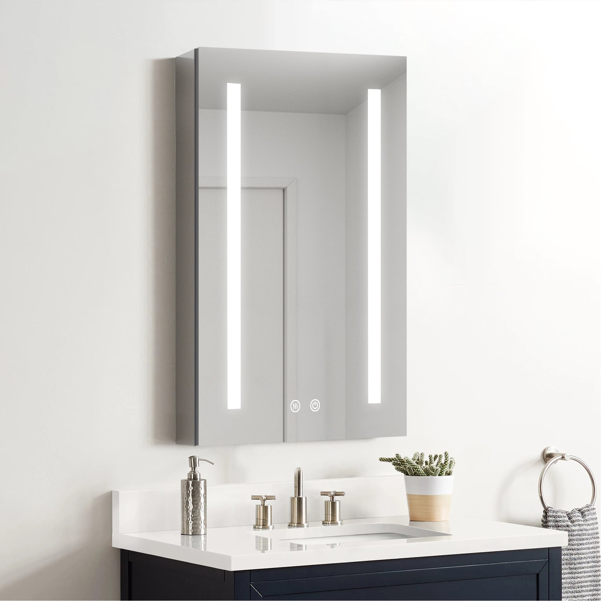 WELLFOR UCJ-VKMCL2030R 20-in x 30-in Lighted LED Fog Free Surface/Recessed Mount Aluminum Mirrored Rectangle Soft Close Medicine Cabinet with Outlet