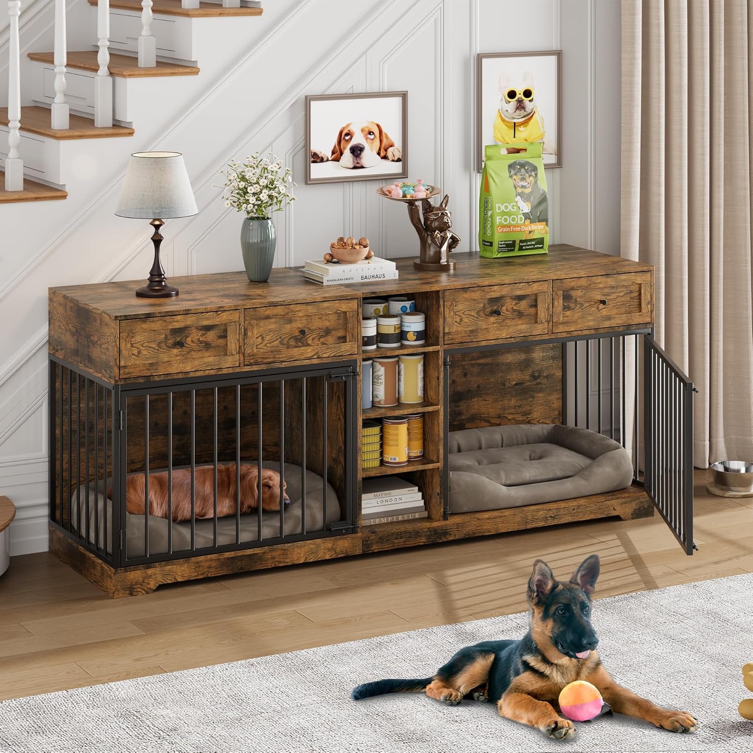 Qeetex LHF-GLG-W6I206 81.9 Inch Large Dog Crate Furniture for 2 Dogs with 4 Drawers and 4 Storage Shelves Dog Kennel Indoor for Medium Large Dogs Brown