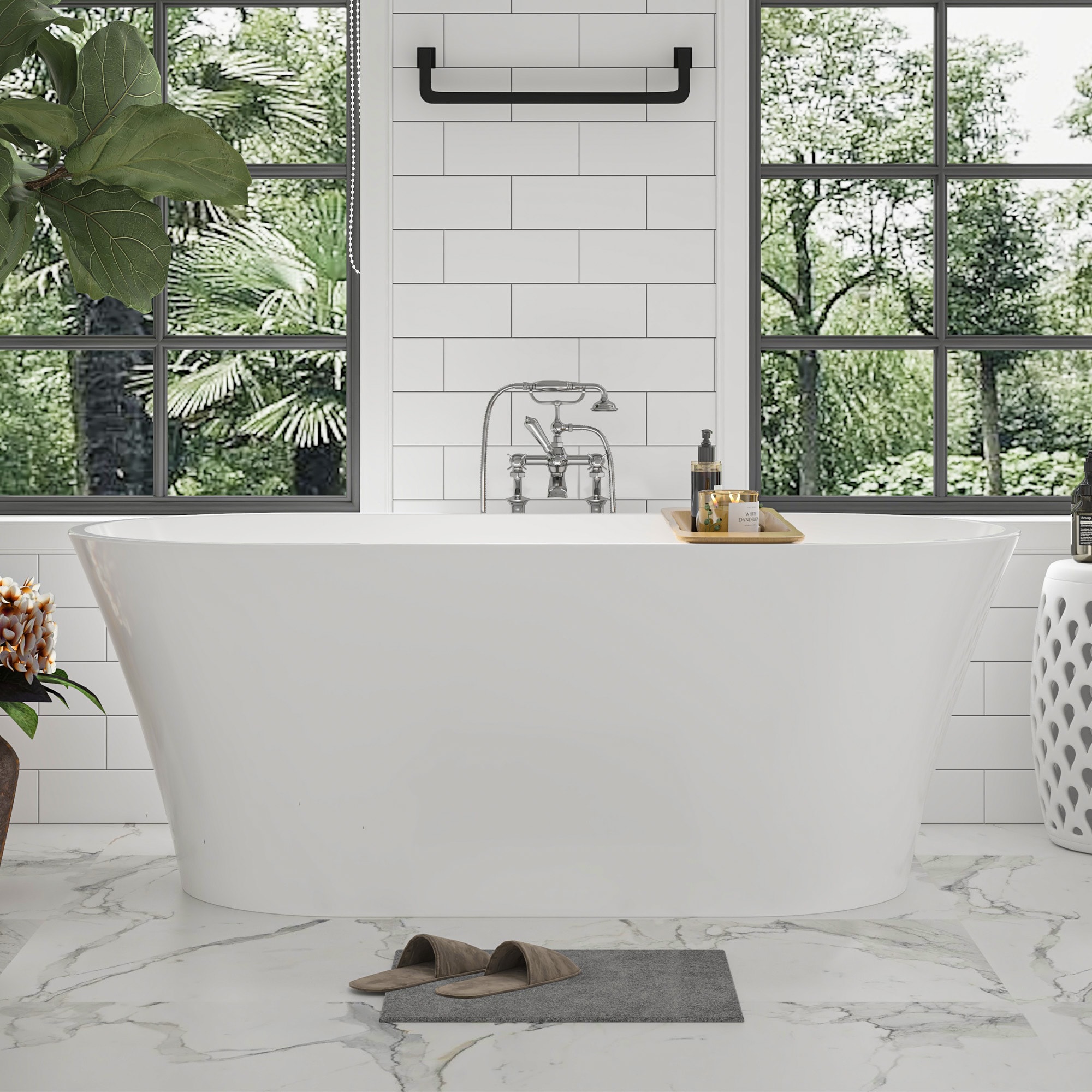 Vanity Art VA6809 29.5-in x 63-in White/Polished Chrome Acrylic Oval Freestanding Soaking bathtub ( Center Drain )